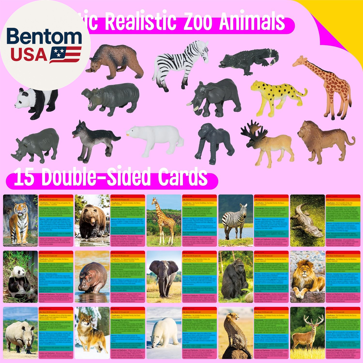 15 PCS Safari Animal Figurines with 15 Introducing Flashcards, Realistic Zoo Ani