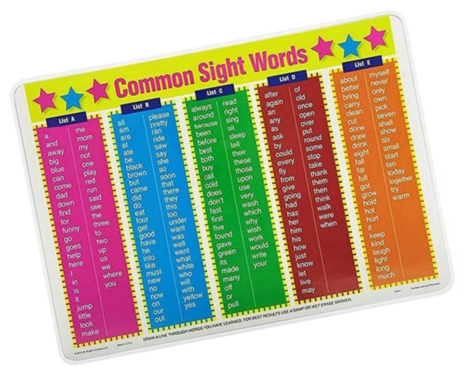 Sight Words Picture Placemat Childrens Educational Painless Learning Toddler Mat