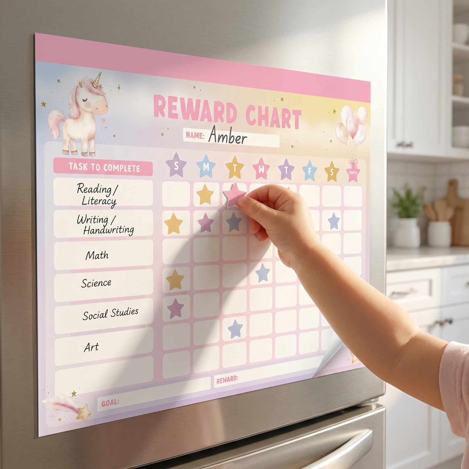 Magnetic Reward Chart for Kids – Motivational Chore Chart with Stickers, Unicorn