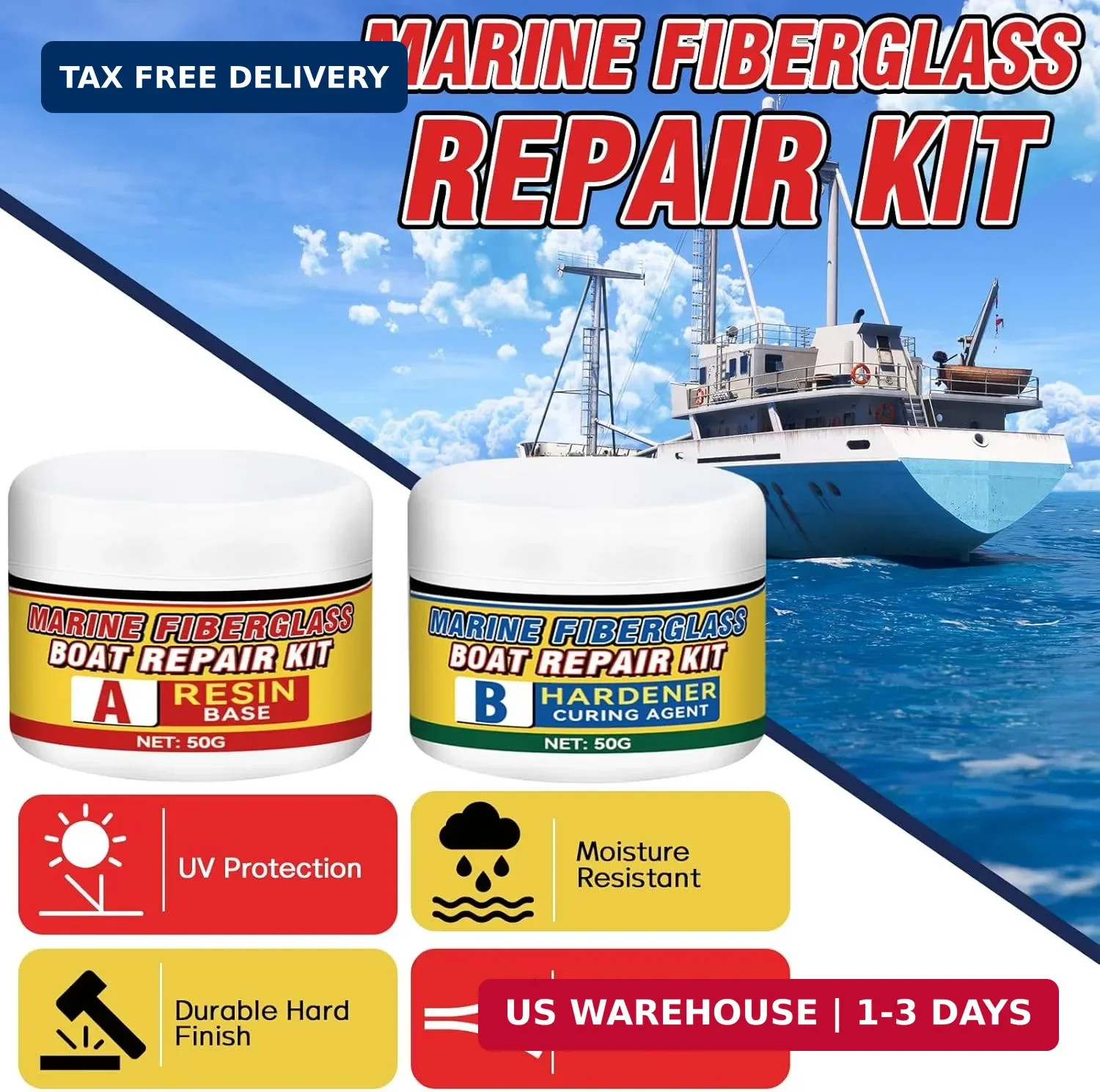 Marine Fiberglass Repair Kit for Boats, Gelcoat Repair Kit for Boats with Waterp