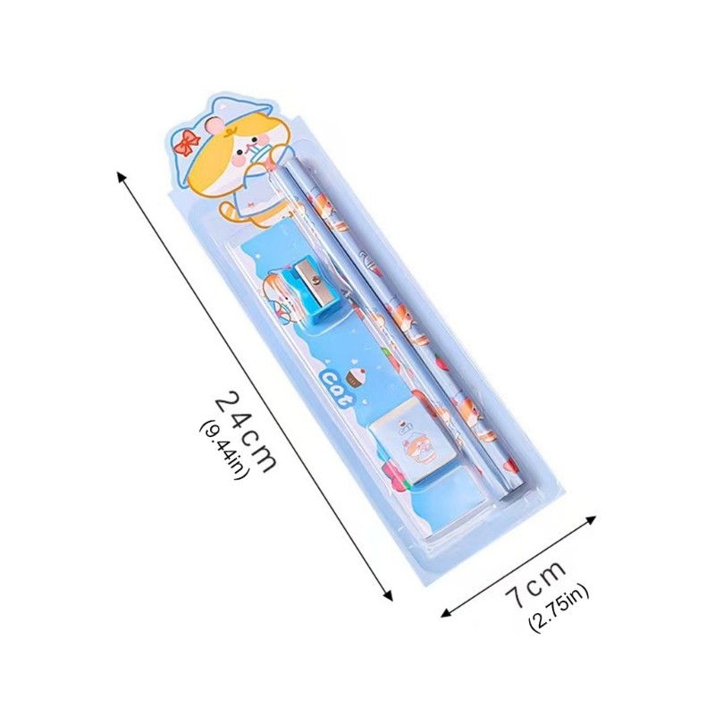 5 Pack Cartoon Wooden Pencils Kids Art Tools Eraser Sharpener Essential Set