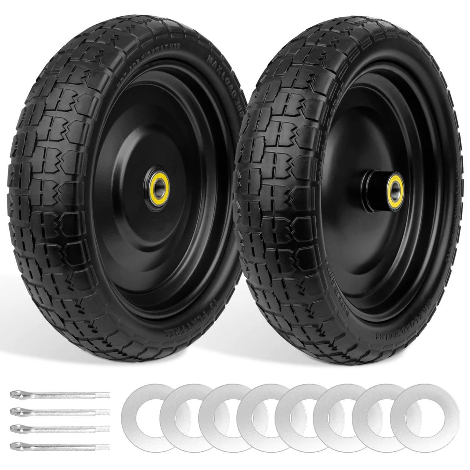 13 Inch Wheelbarrow Wheels, 4.00-6 Solid Flat Free Tires with 5/8″ Axle Bore …