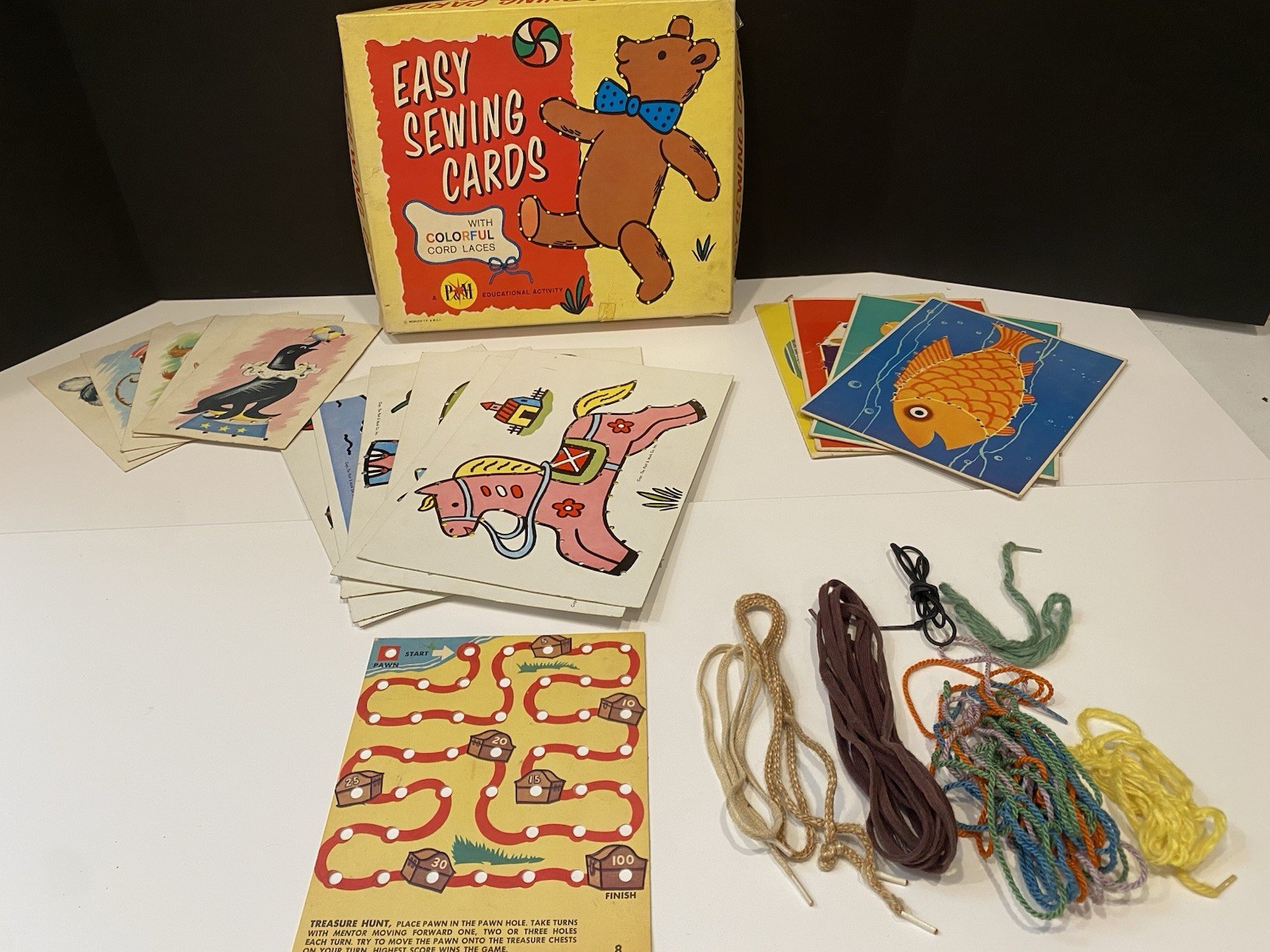 Vintage 1964 Platt & Munk Easy Sewing Cards Set – MCM Lacing Activity – W/ Box