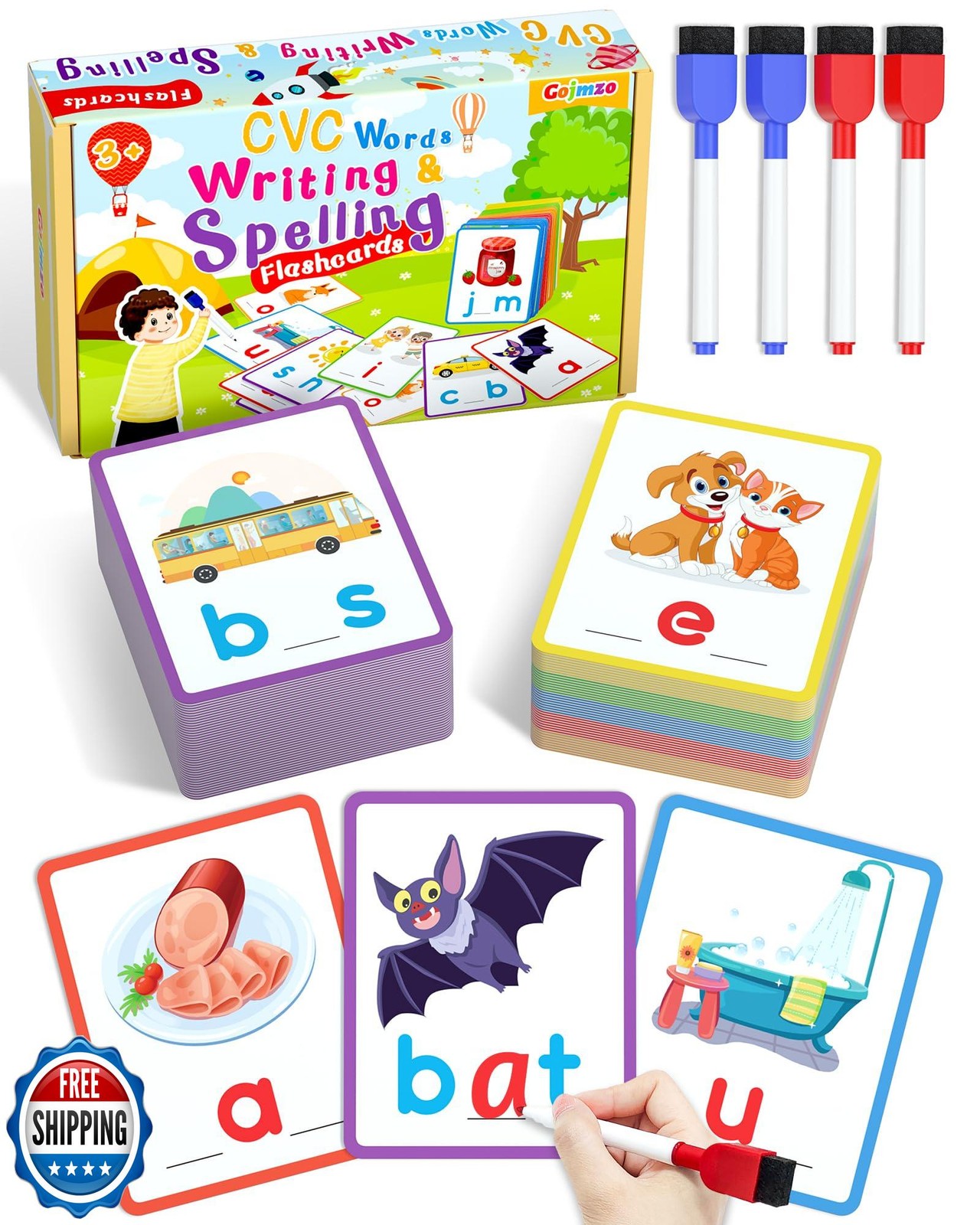 Gojmzo CVC Word Writing and Spelling Flash Cards, Preschool Learn