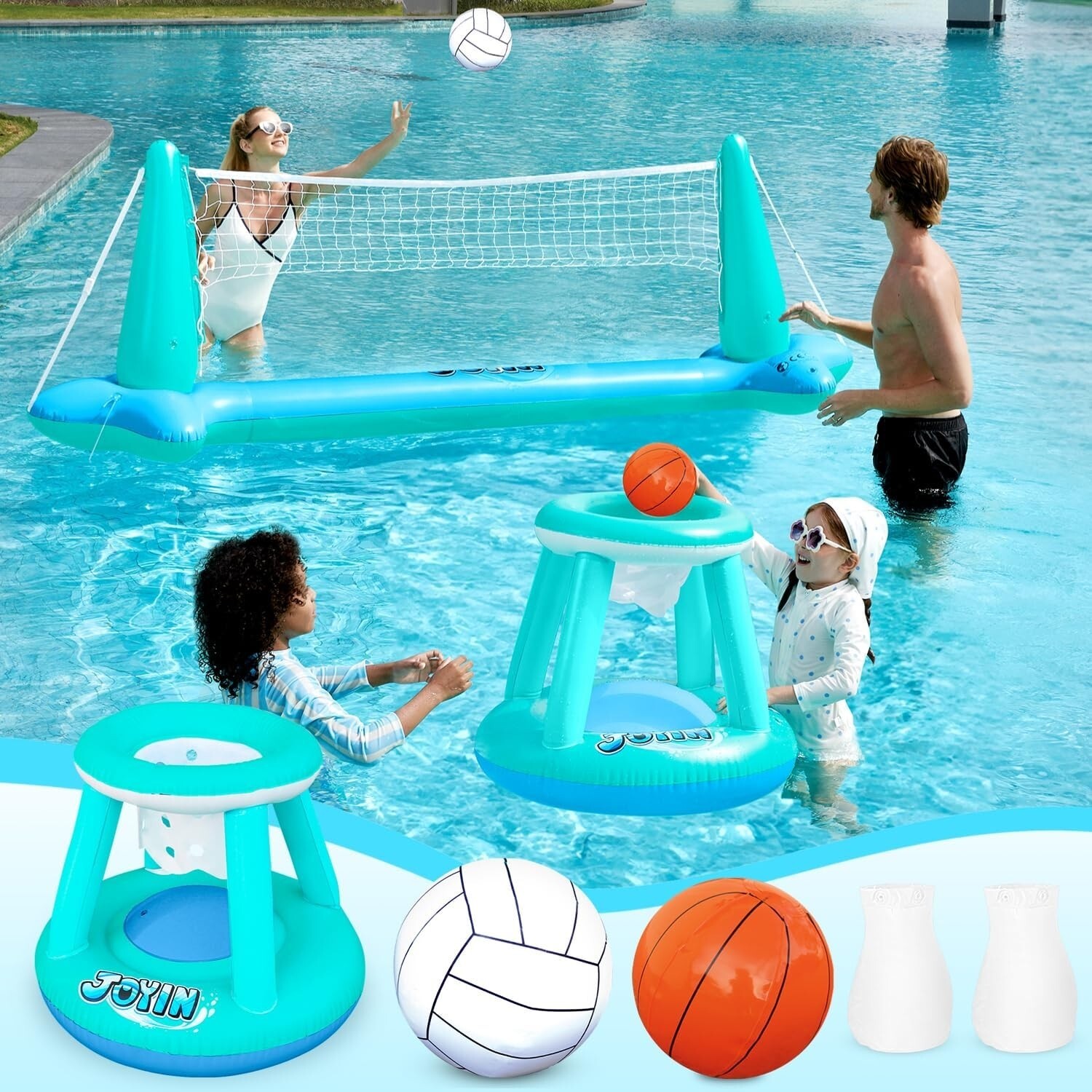 JOYIN XL Inflatable Pool Float Set, 125” Volleyball Net & Basketball Hoops,