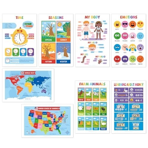 16 Laminated Educational Posters for Kids – ABC, Numbers, Shapes, Colors, Maps –