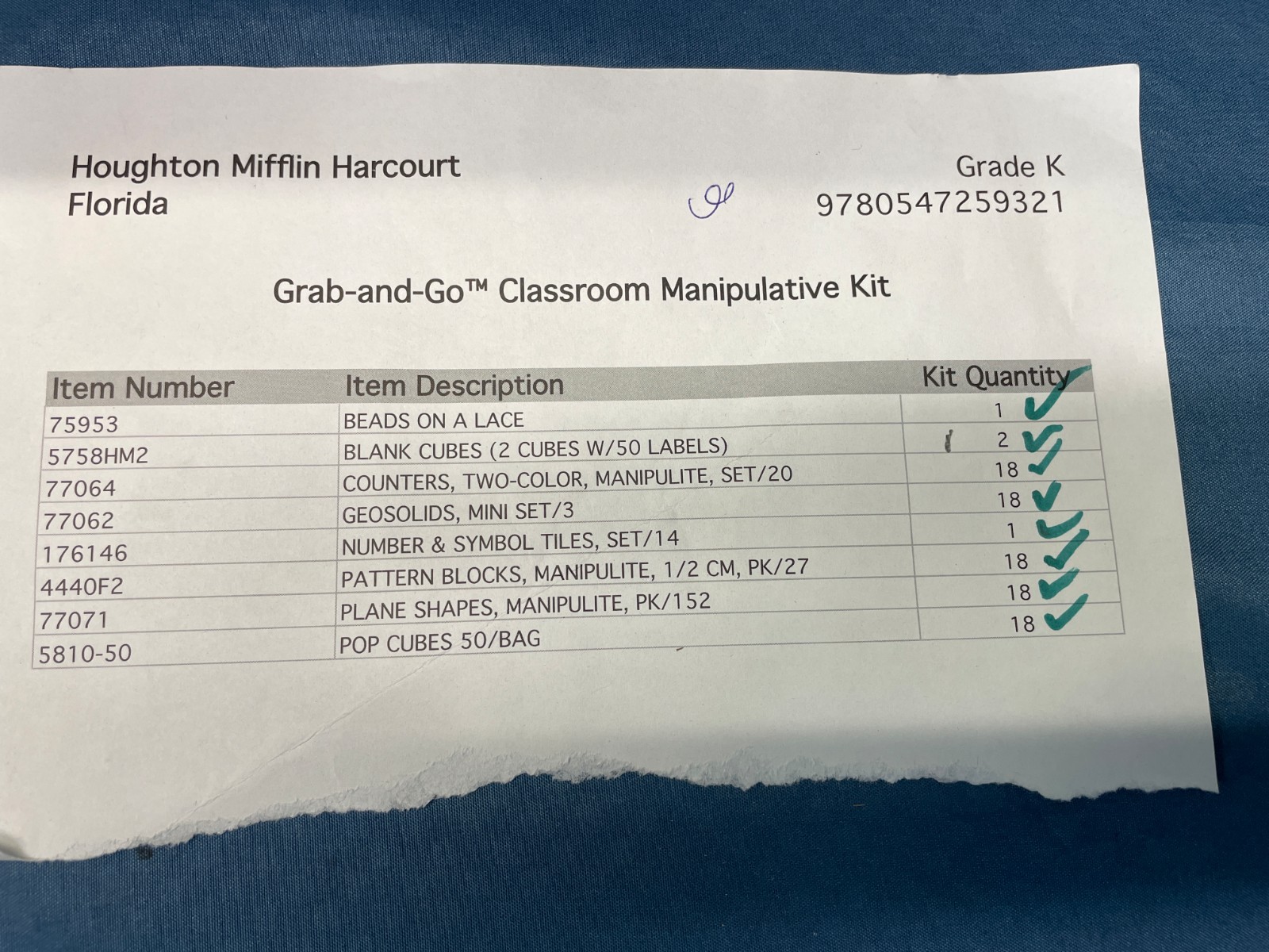 Grab And Go Large Classroom Manipulative Kit Grade K Complete 9780547259321