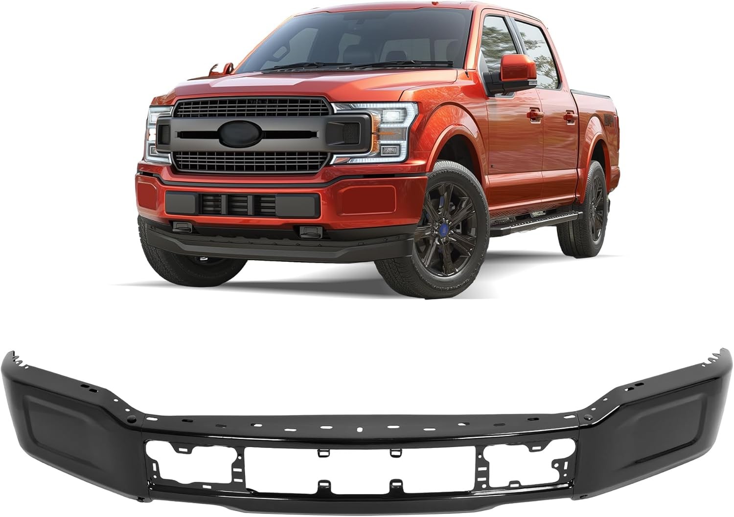 18-20 Ford F150 Front Bumper Face Bar w/ Fog Light Hole Impact Bar Black Steel