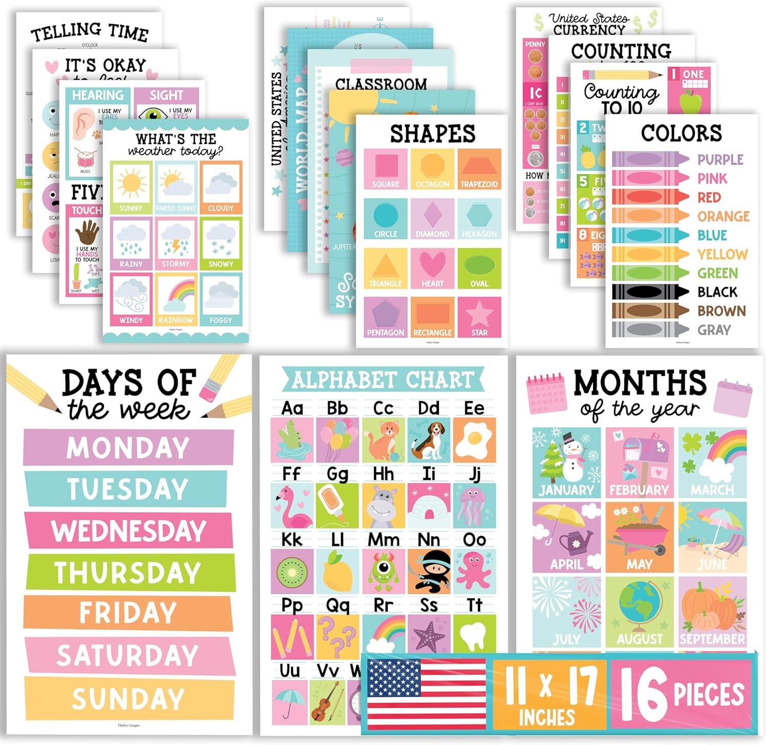 16 Educational Posters Toddler Learning Activities Laminated Pre-K Posters