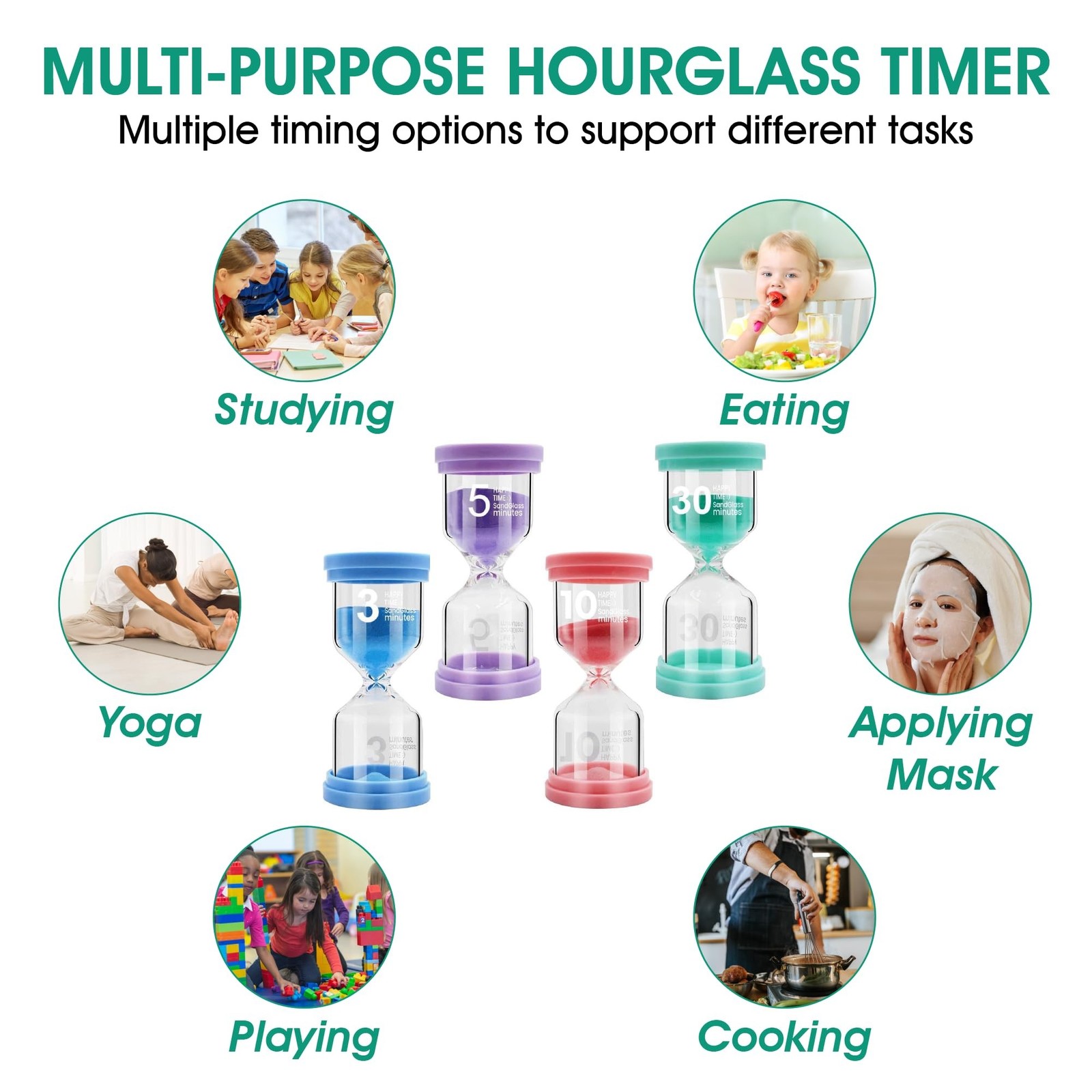 Sand Timer for Kids 4 Pack Colorful Hourglass 3min, 5mins, 10mins, 30mins San…