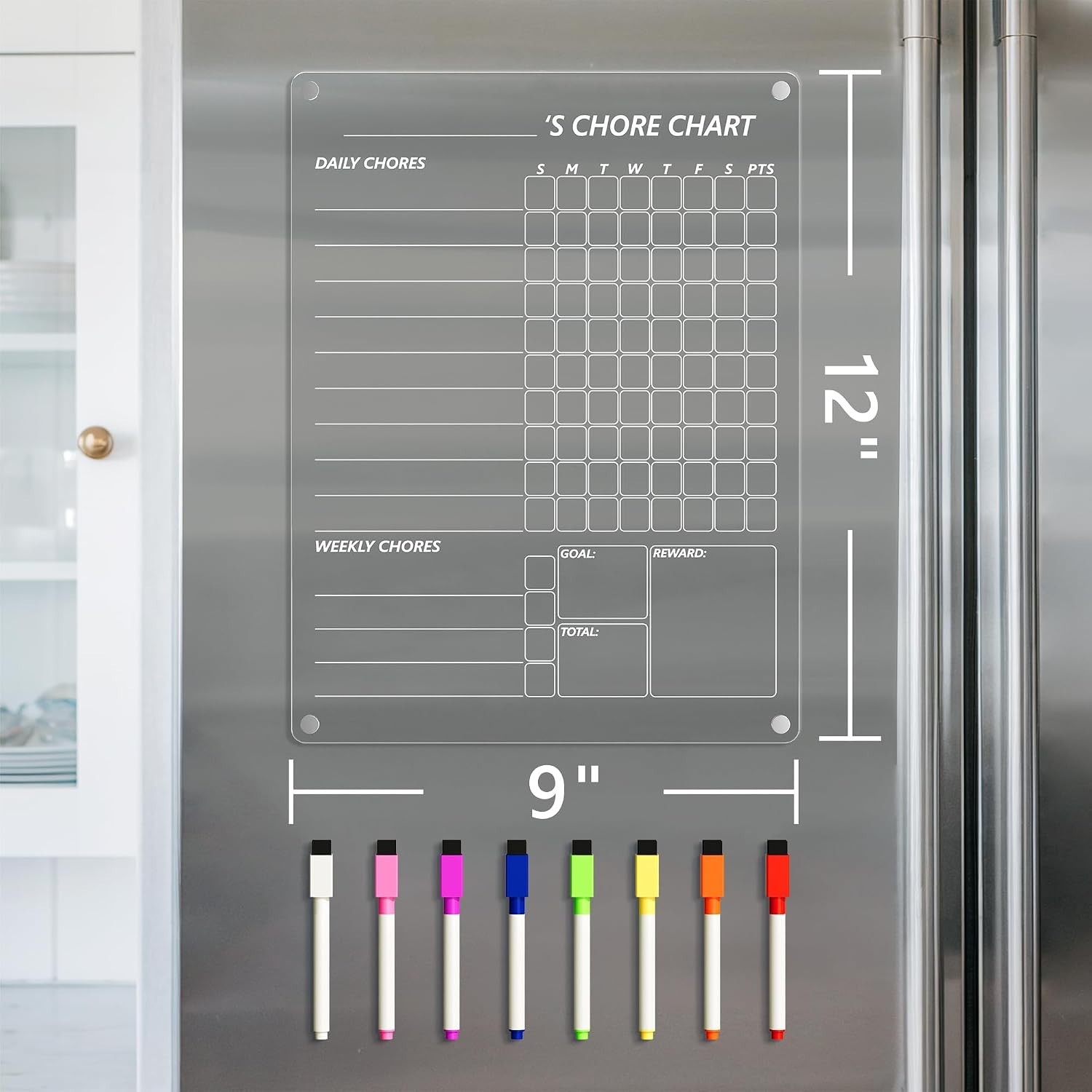 Stylish Magnetic Dry Erase Chore Board for Fridge – 12″ x 9″ with 8 Markers