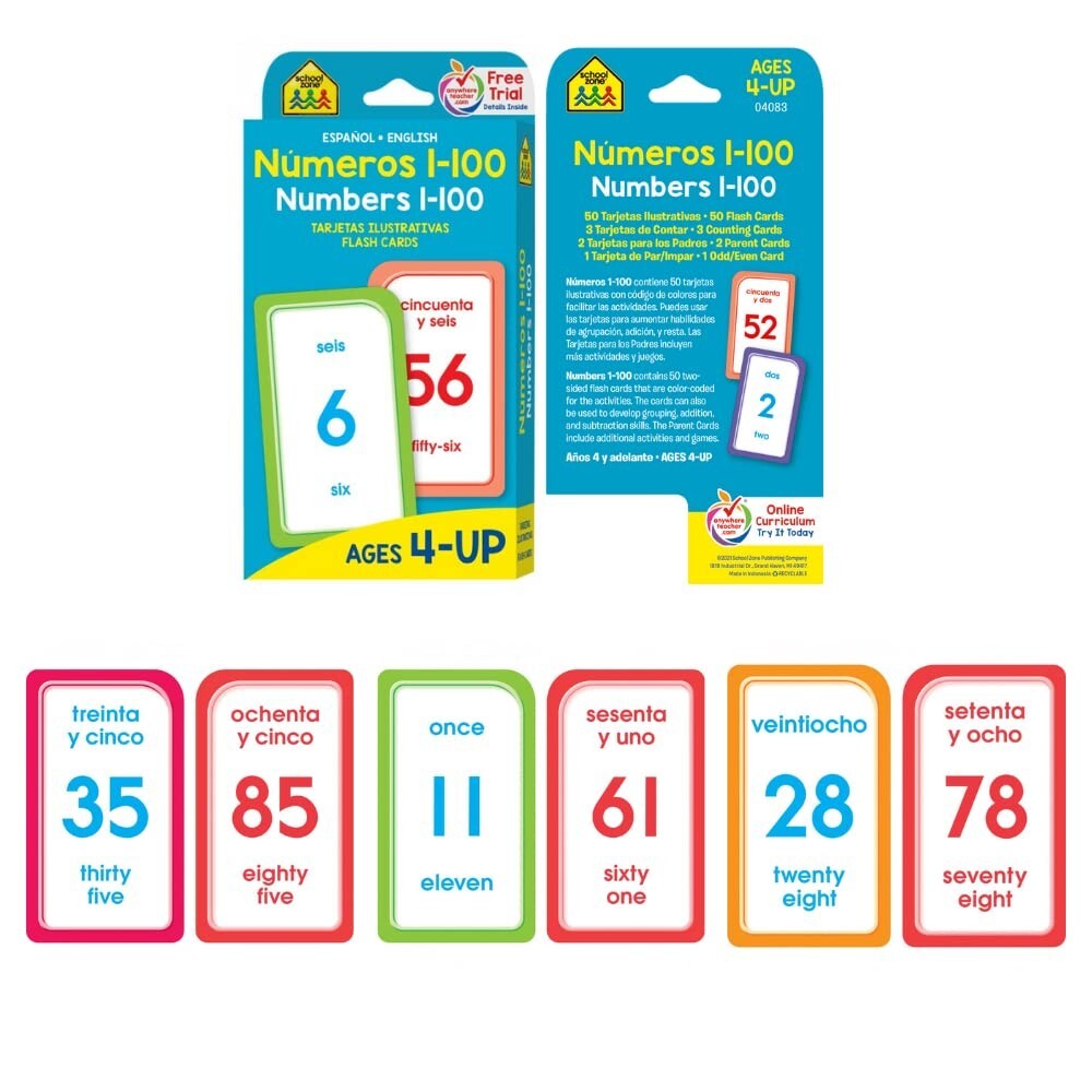 Spanish English Flash Cards Bilingual Vocabulary Phrases Numbers for Kids 4 Pack