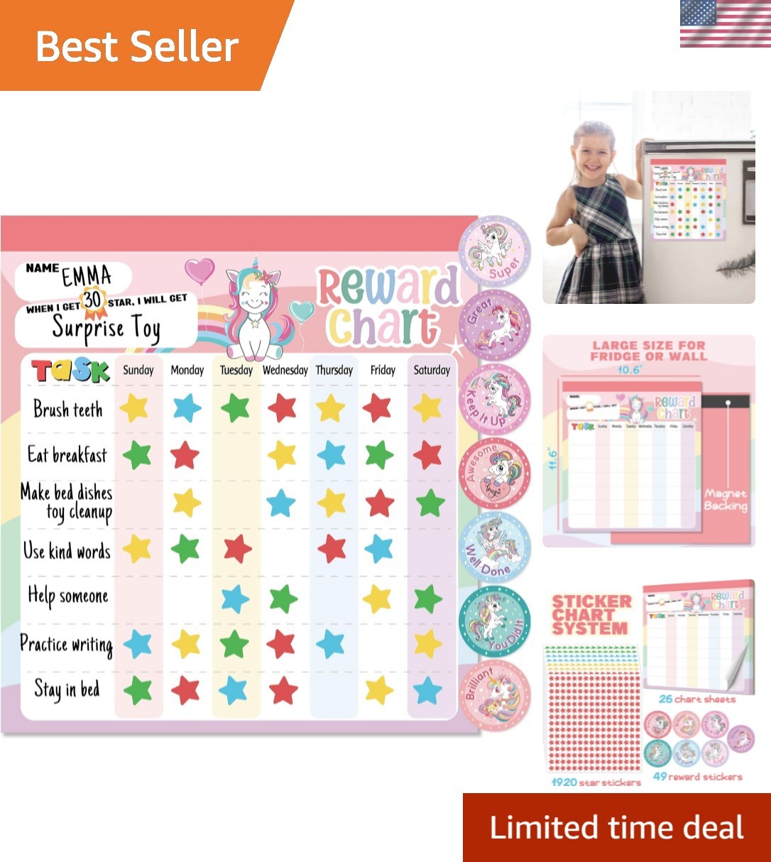 Reward Chart for Kids – Unicorn Magnetic Kids Behavior Chart, Pad with 26 Cho…