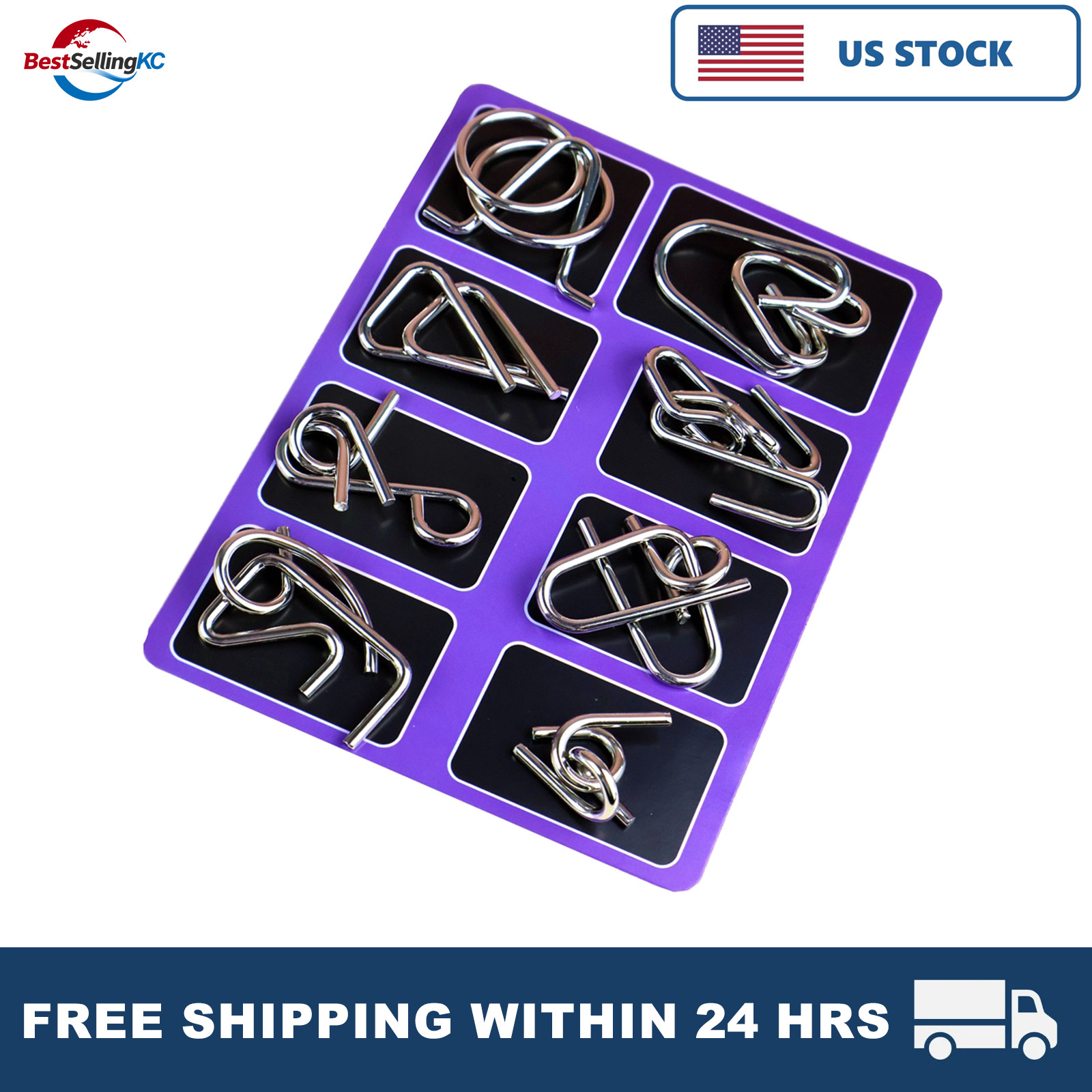 8PCS Metal Wire Puzzle Set Purple Brain Teaser Toy Educational Gift