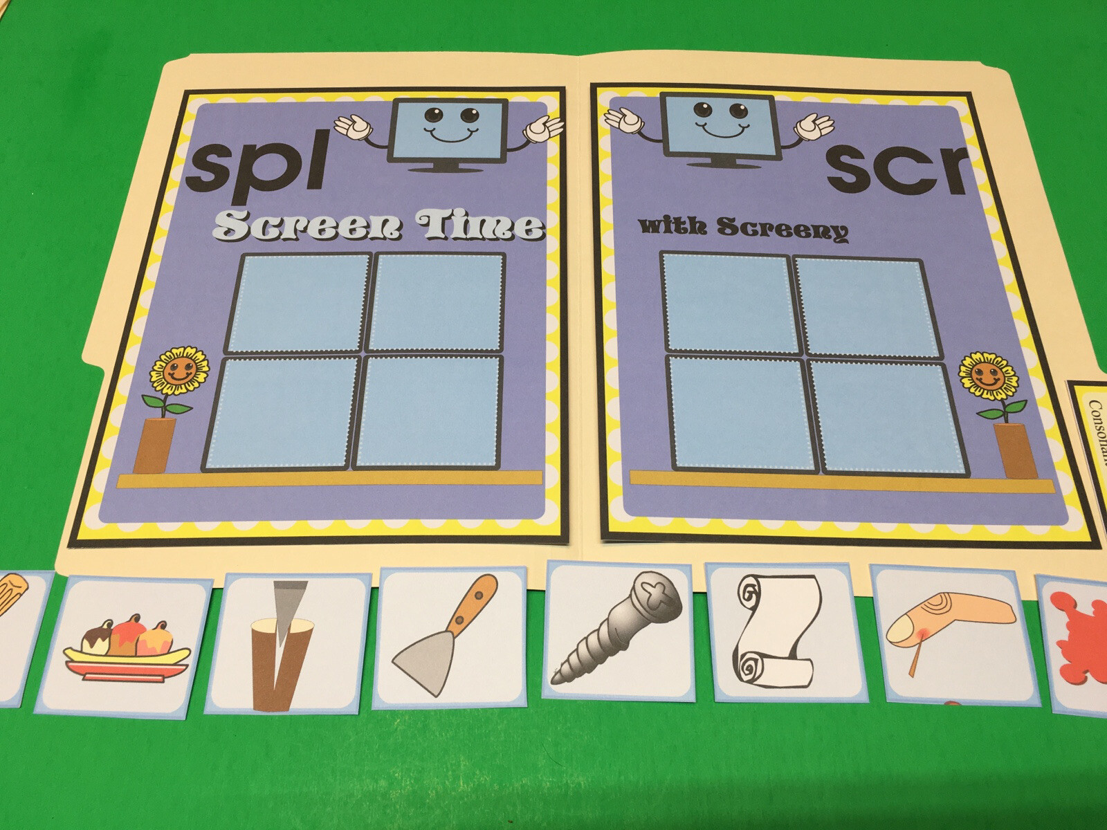 Screen Time – Phonics Spl / Scr – DIY File Folder game – Printed / Uncut