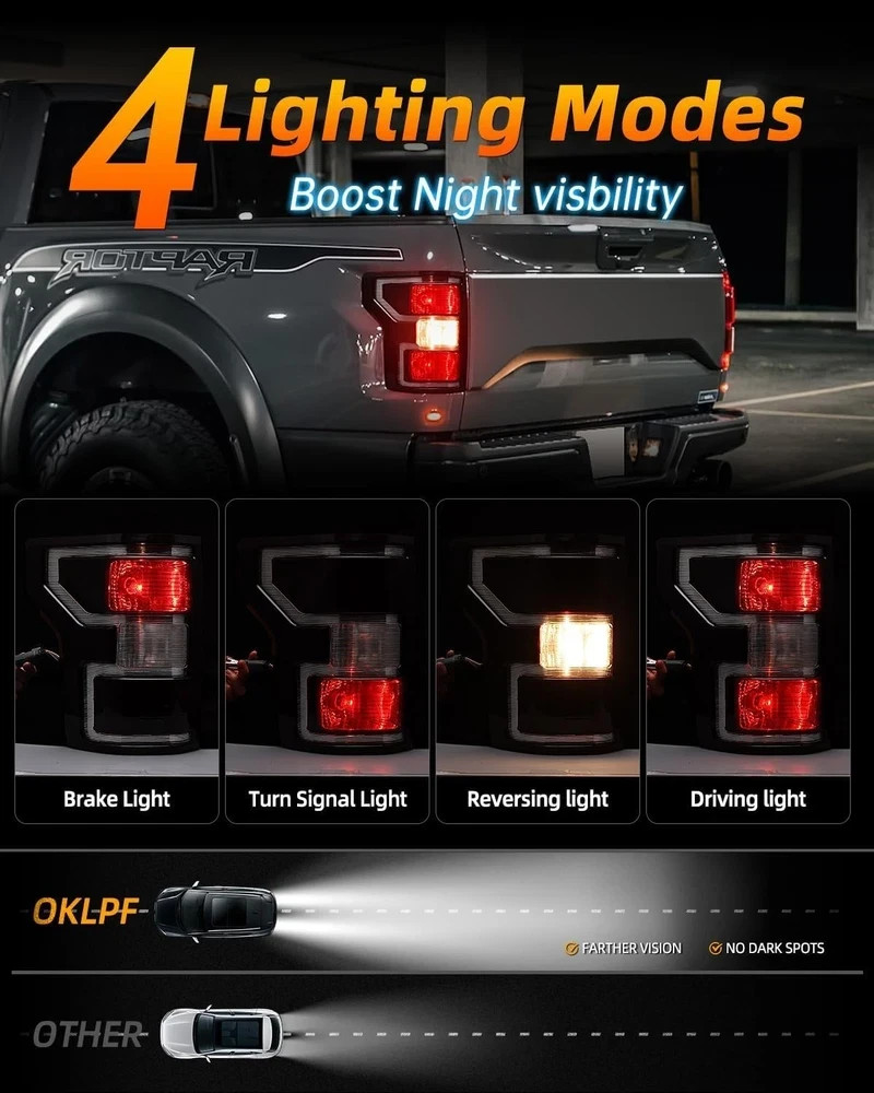 OKLPF Rear Brake Smoked Tail Light Compatible With 2018 2019 2020 Ford F150 F-15