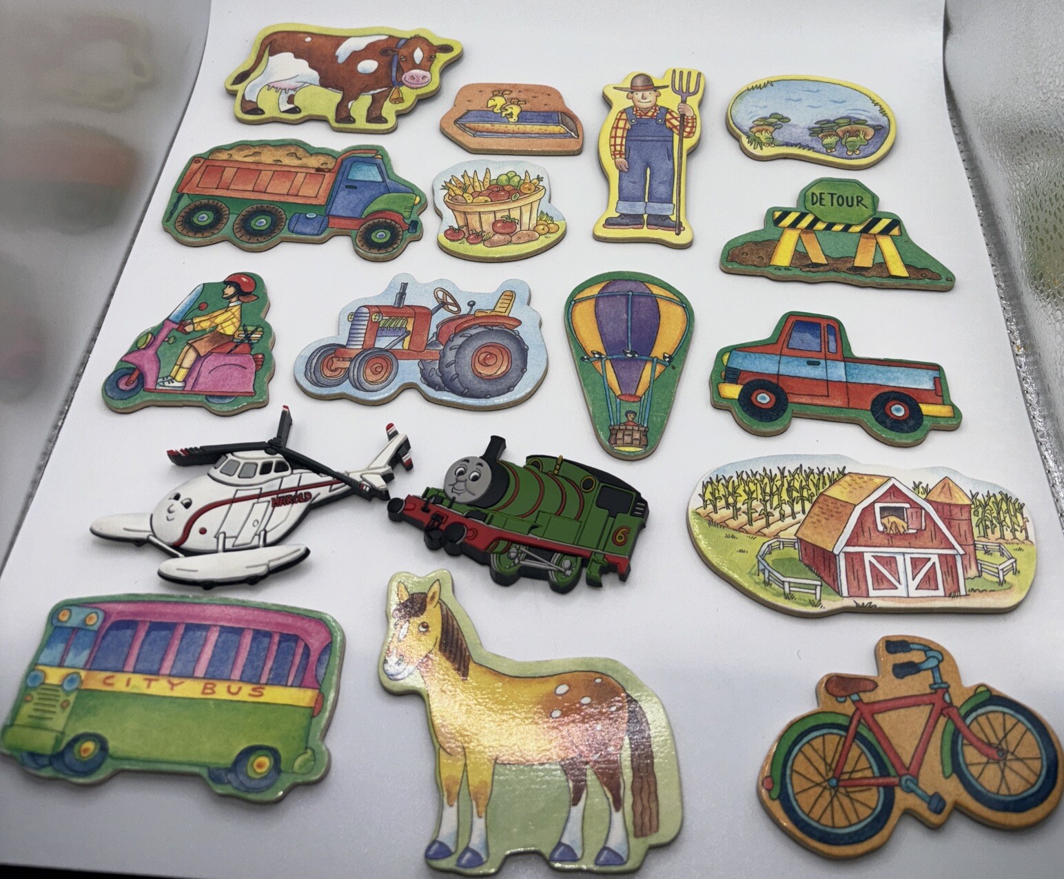 17 Magnets for Kids- 15 Farm Wooden Magnets and 2 Thomas the Tank Engine Magnets