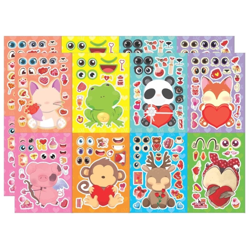 16x Cartoon Animal Theme Face Stickers DIY Puzzle Kids Boys Girls Gifts