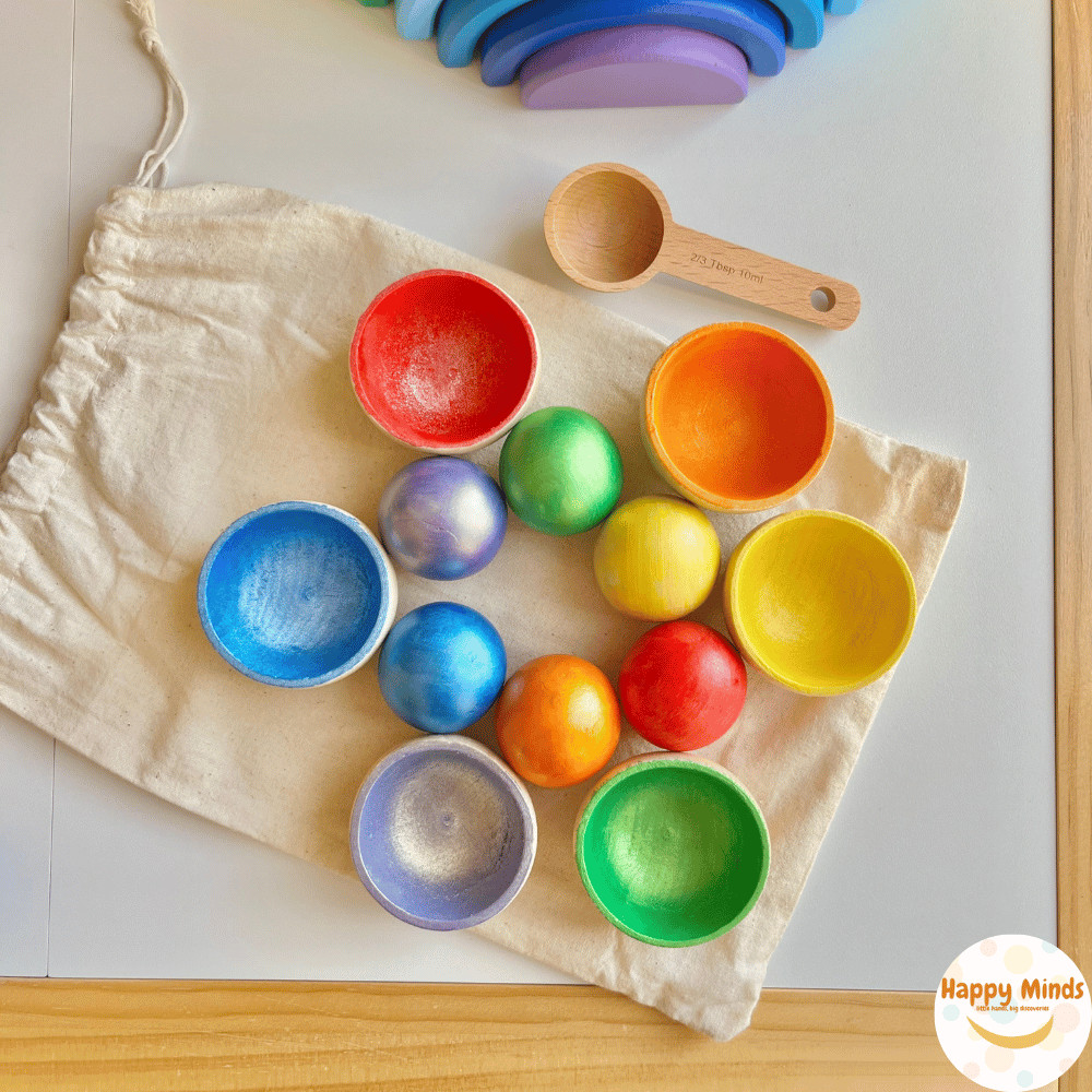 Wooden Color Sorting Bowls & Balls Montessori Toy – Fine Motor Gift Age 3+