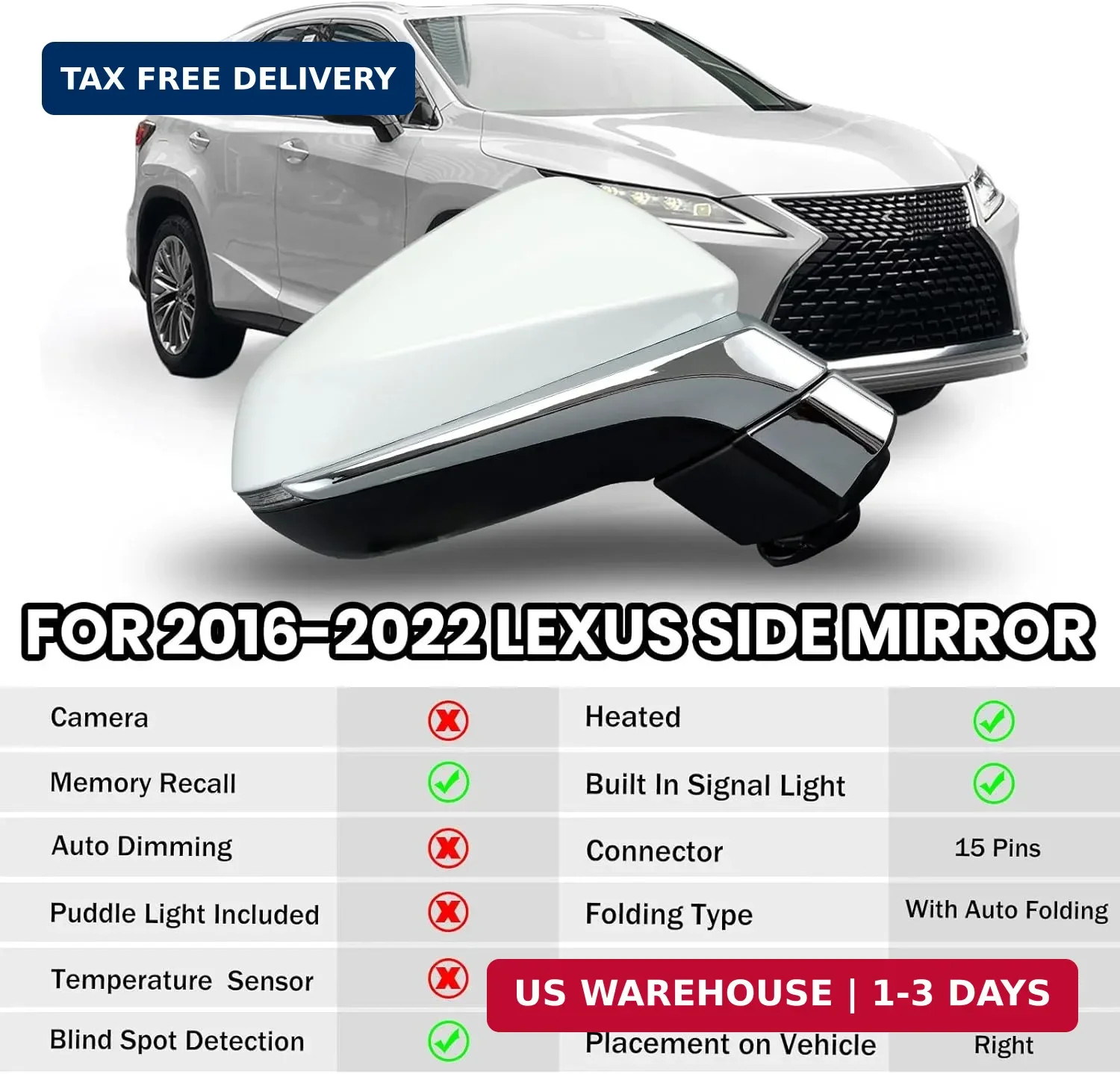 Right Passenger Side Mirror For 2016-2022 Lexus RX350 350L RX450H RX450HL Mirror