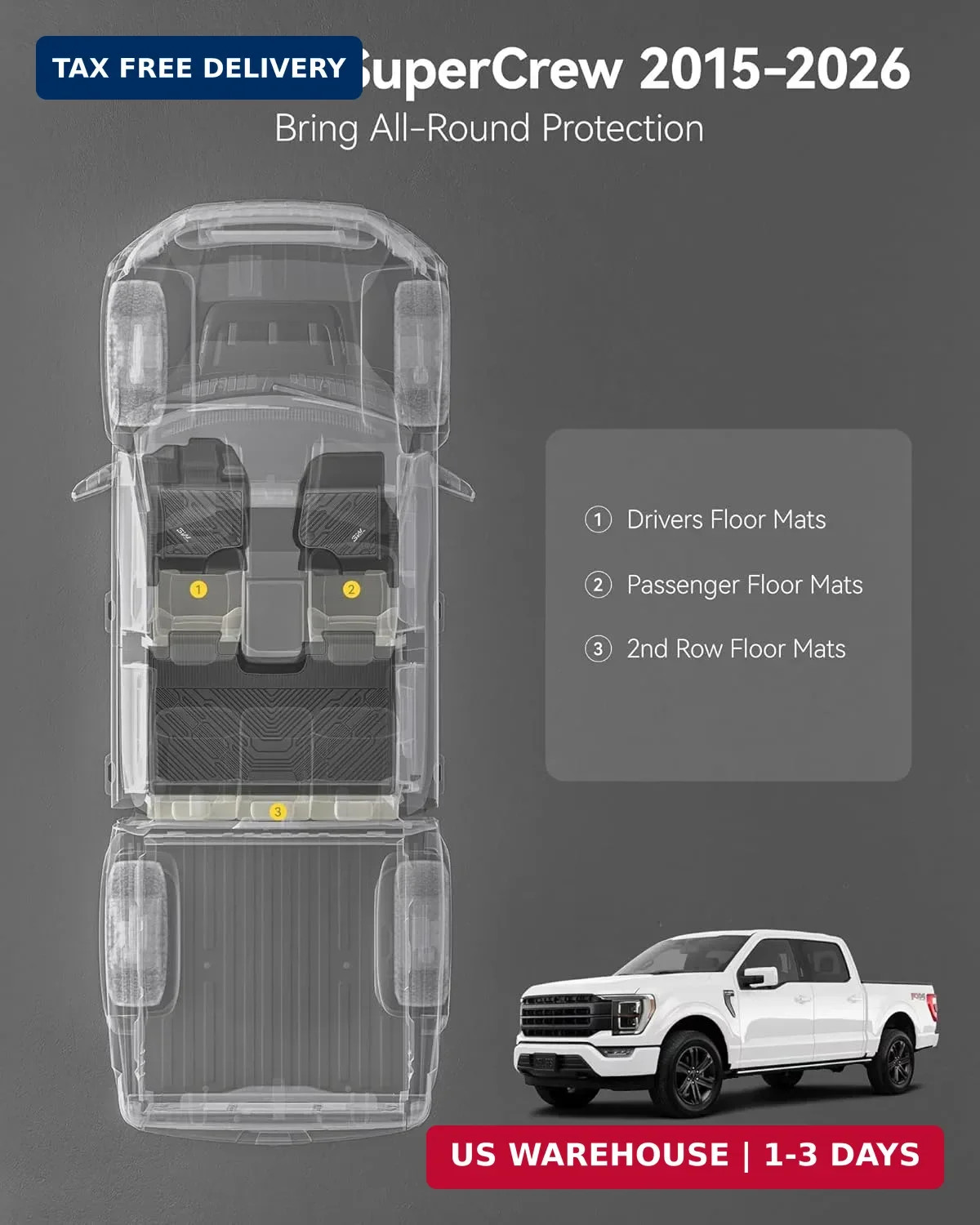 3W Floor Mats for Ford F-150 2015-2025 2026 & F150 Lightning 2022-2025 SuperCrew