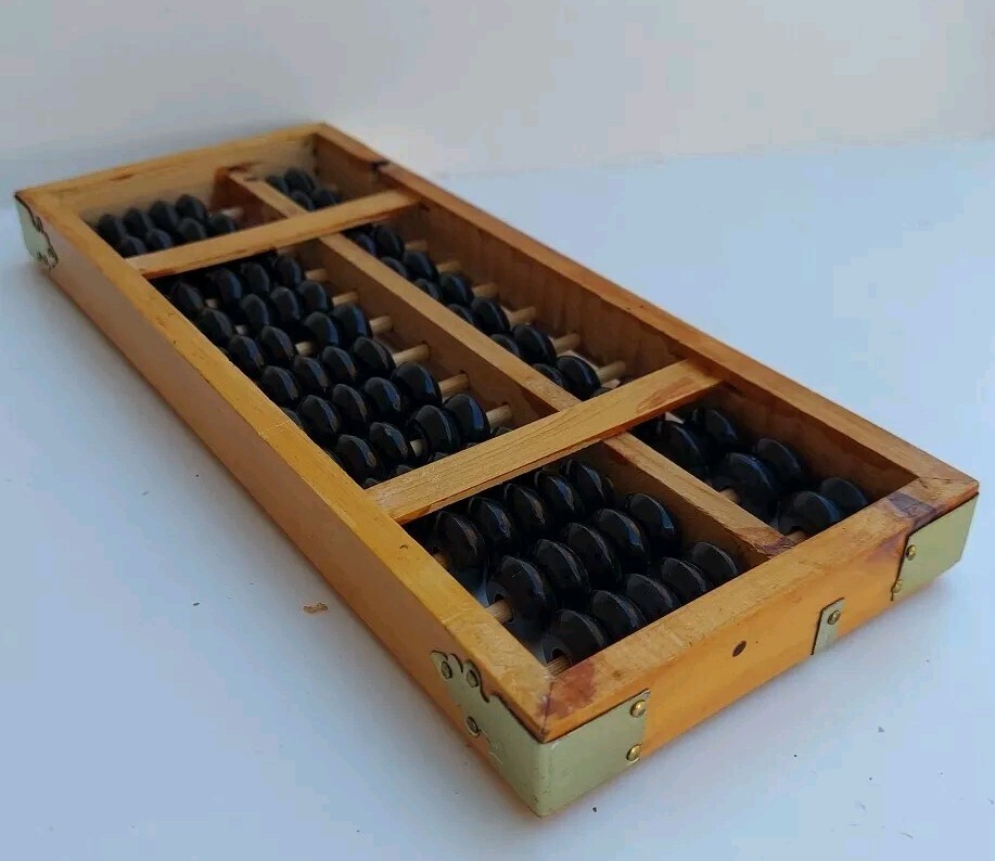 Vintage Abacus 13 Column Wood Calculator 7 Bead Rows 9½ X 4″ Metal Corners