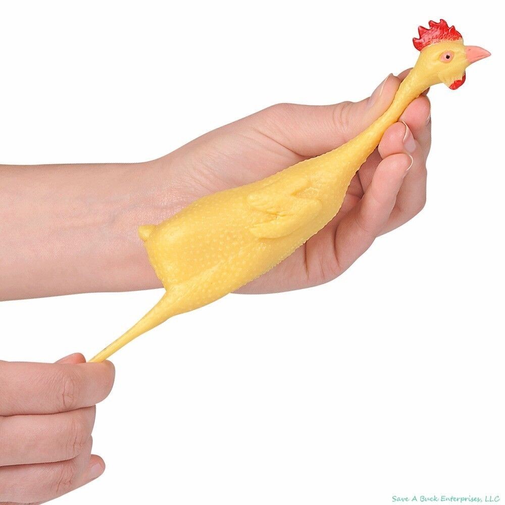 4 STRETCH RUBBER CHICKEN 8″ GAG GIFT STRETCHABLE SQUEEZE STRESS RELIEF TOY PARTY