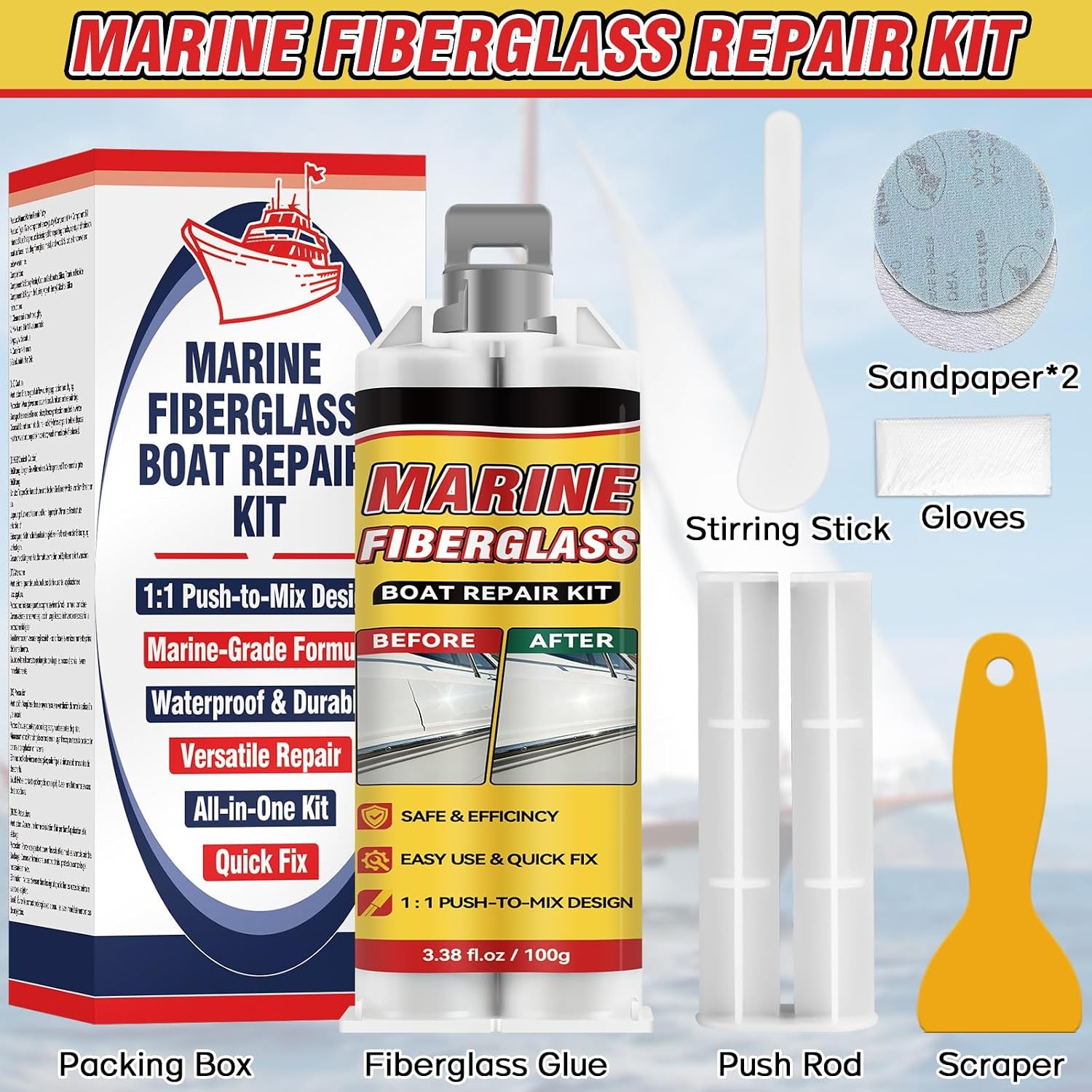 Marine Fiberglass Repair Kit for Boats, Gelcoat Repair Kit with Waterproof Epoxy