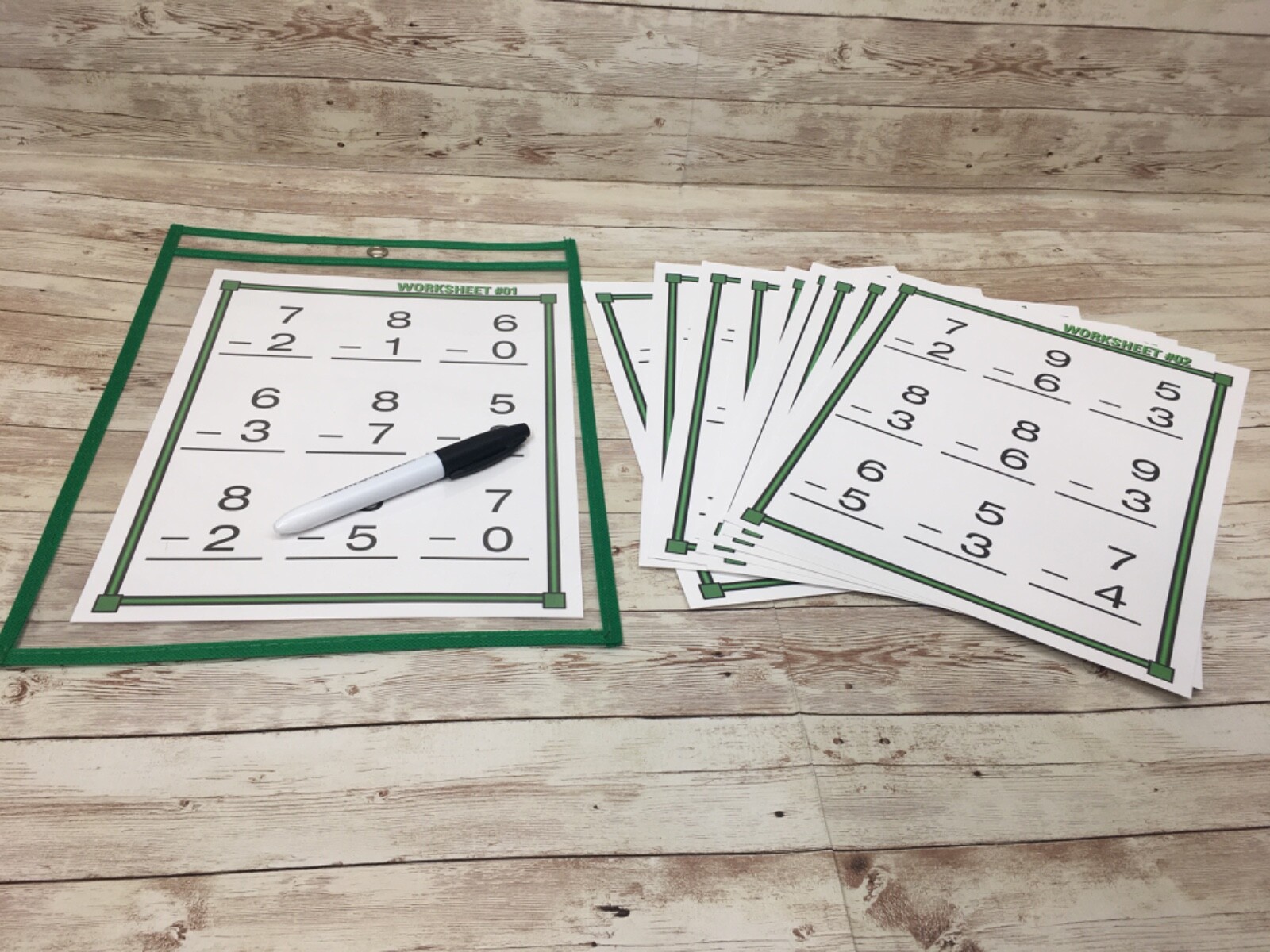 SUBTRACTION FACTS KIT – 10 Worksheets – with Reusable Dry Erase Pocket