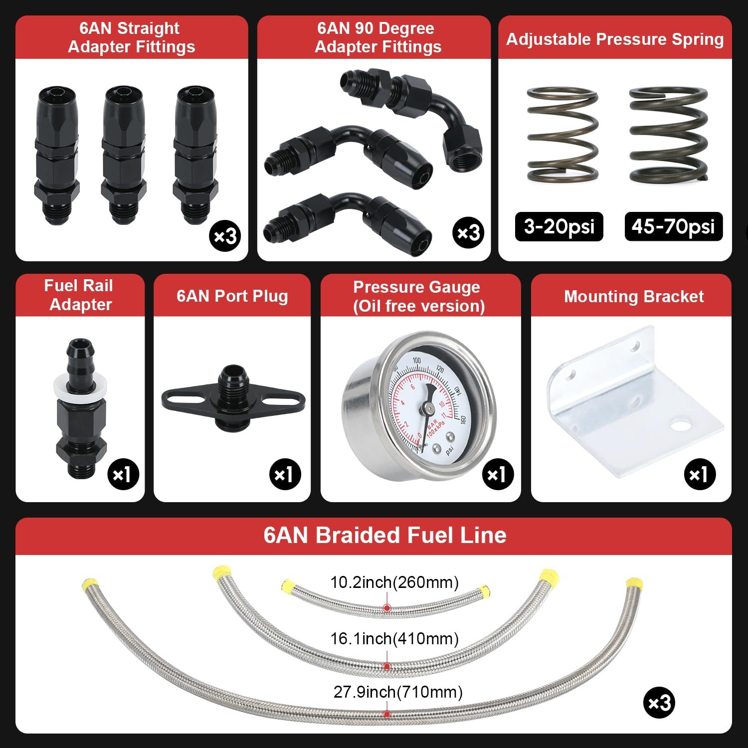 Adjustable Fuel Pressure Regulator Kit 3-70PSI With 6AN Return and 6AN feed Port