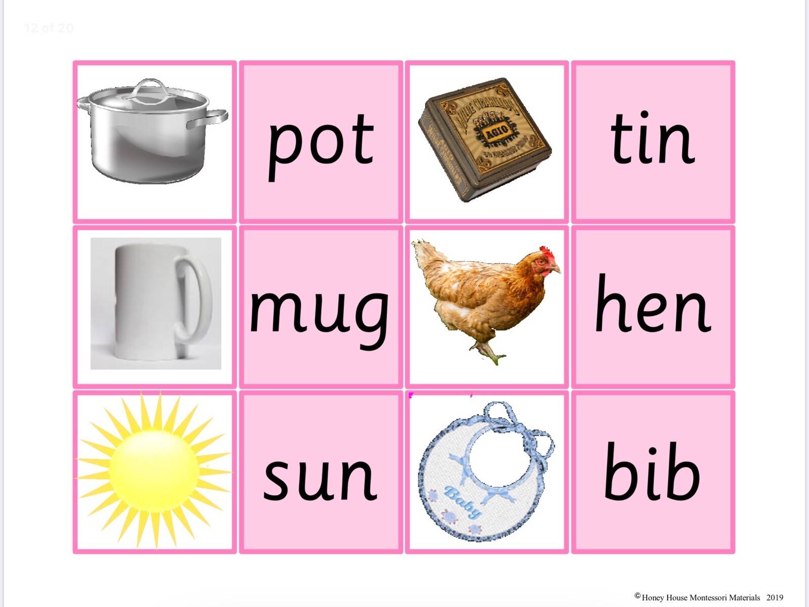 Montessori Pink Series Word and Picture Cards (CVC short vowel sounds) laminated