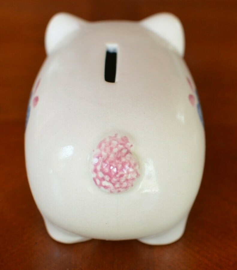Ceramic Piggy Bank~Heart~rustic~country~traditional~handpainted~pink blue
