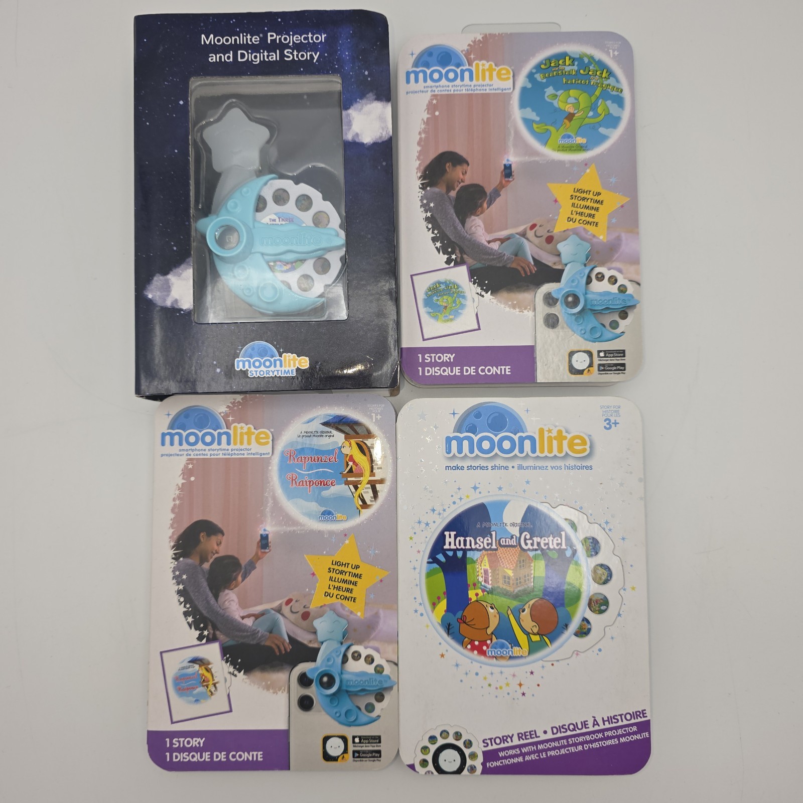 Moonlite Story Projector + 3 Discs Rapunzel Hanzel & Gretel Jack & The Beanstalk