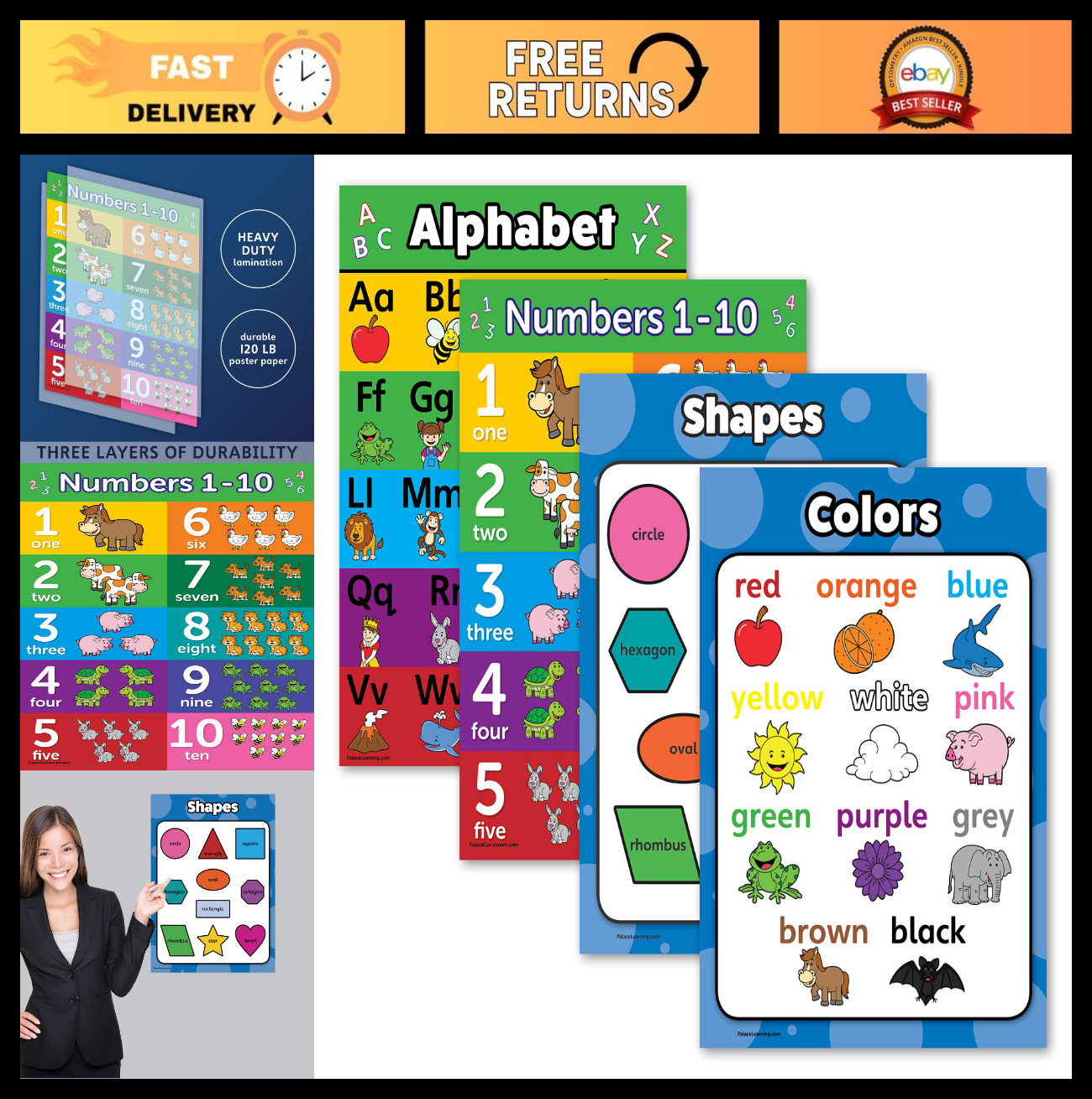 Educational Poster Set – ABC Alphabet, Numbers 1-10, Shapes & Colors – Laminated