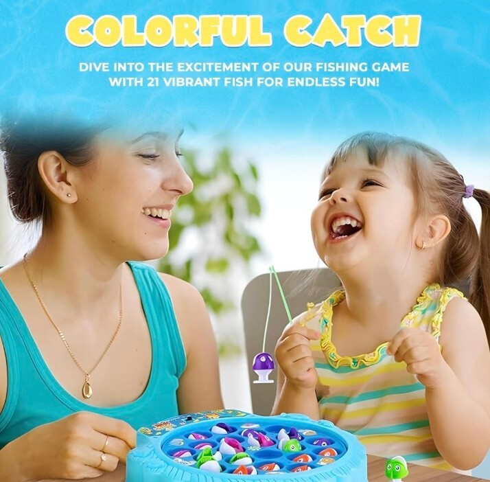 Fishing Game Play Set – 21 Fish, 4 Poles, Rotating Board On-Off Music Switch