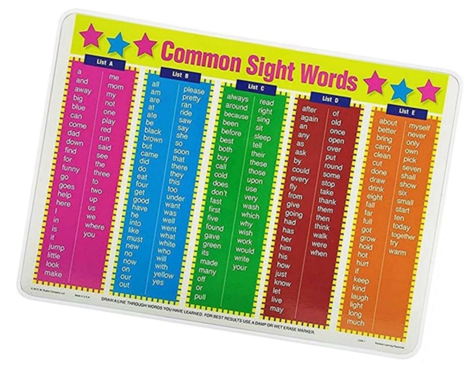 Sight Words Picture Placemat Childrens Educational Painless Learning Toddler Mat