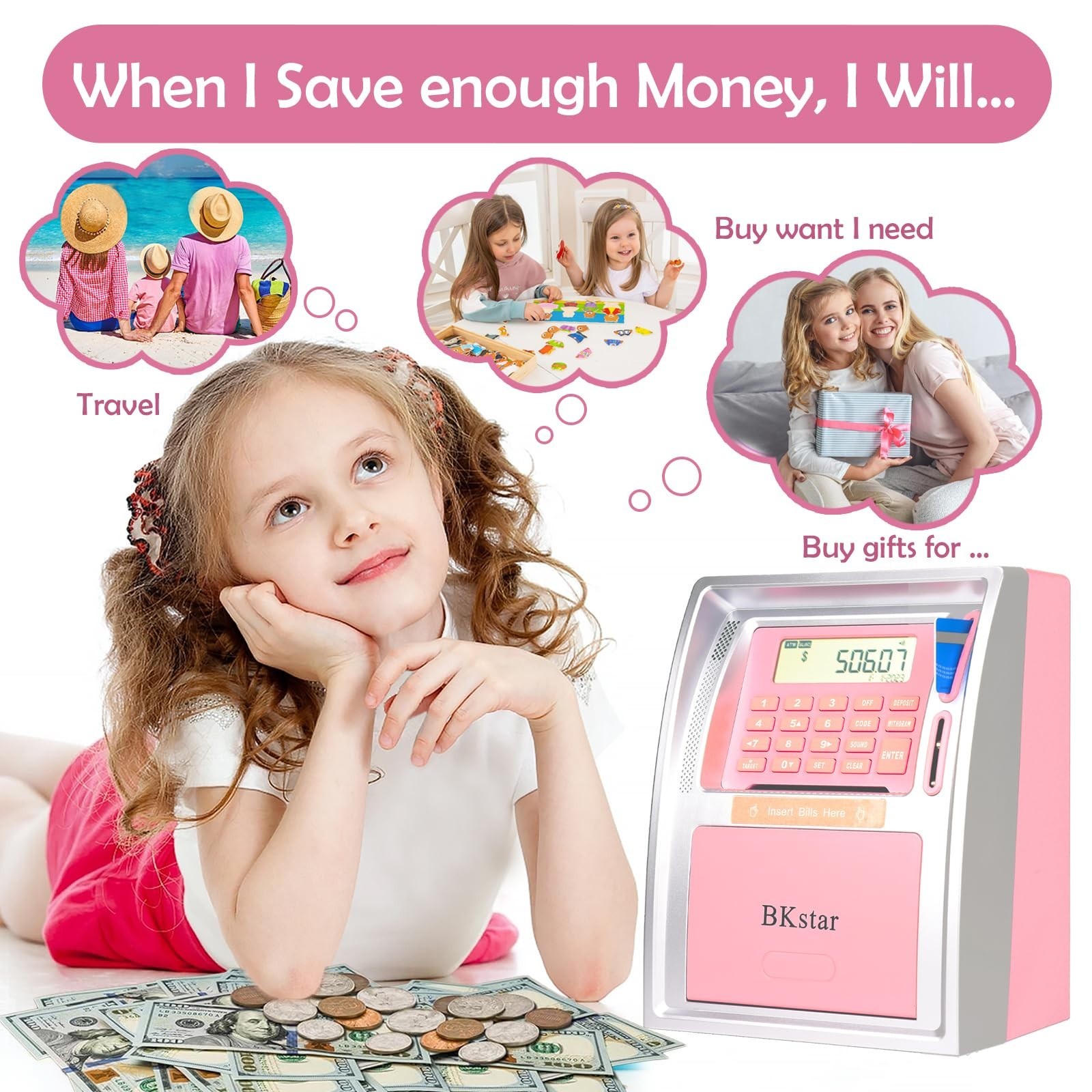 BKstar Kids Talking ATM Piggy Bank for Real Money with Dual Debit Cards, Powe…