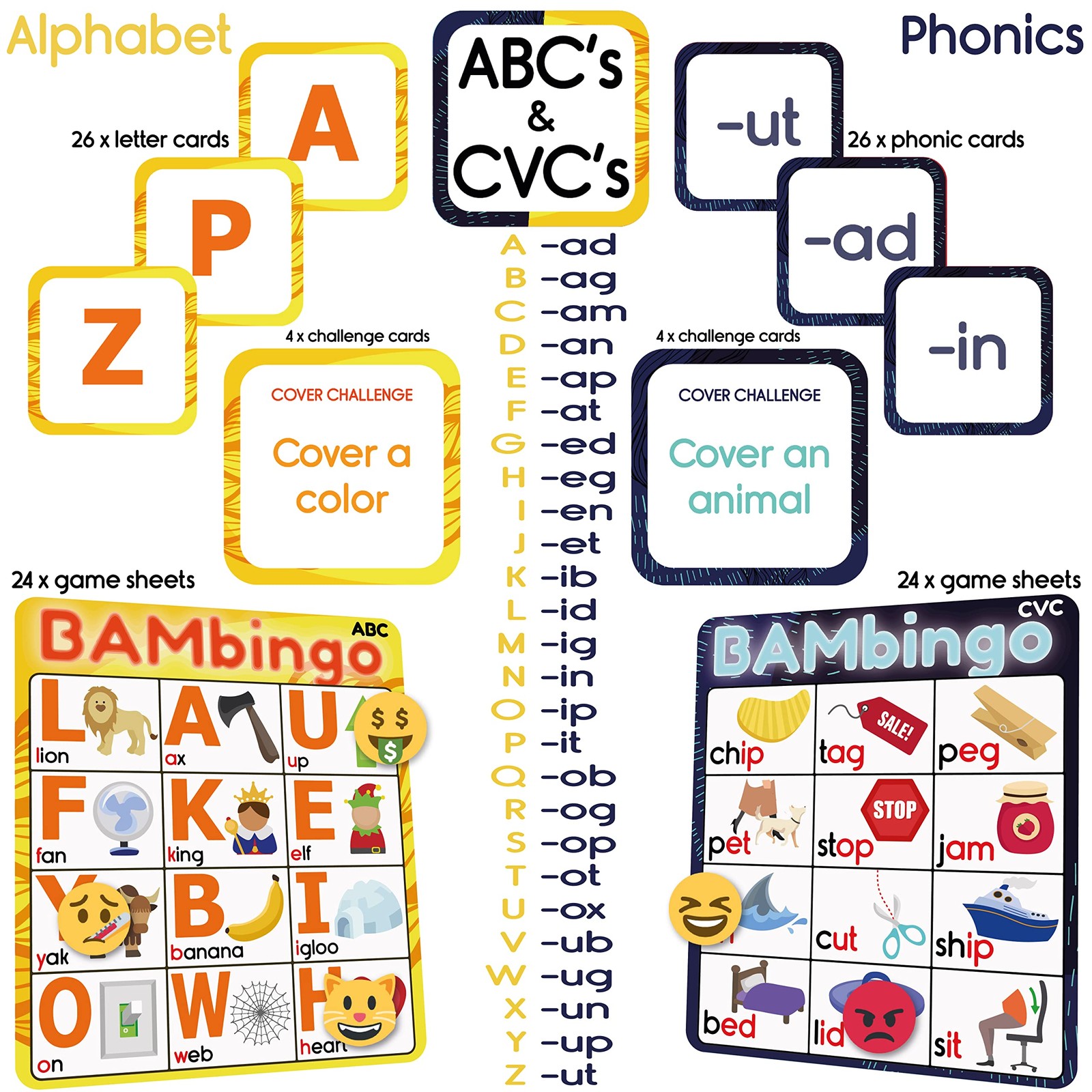 Alphabet and Phonics Bingo – ABC Learning Letter Recognition and CVC Words wi…
