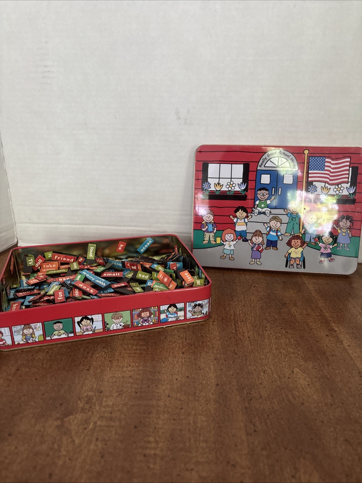 Really Good Stuff School House tin box with word magnets Kids VINTAGE Box 8″