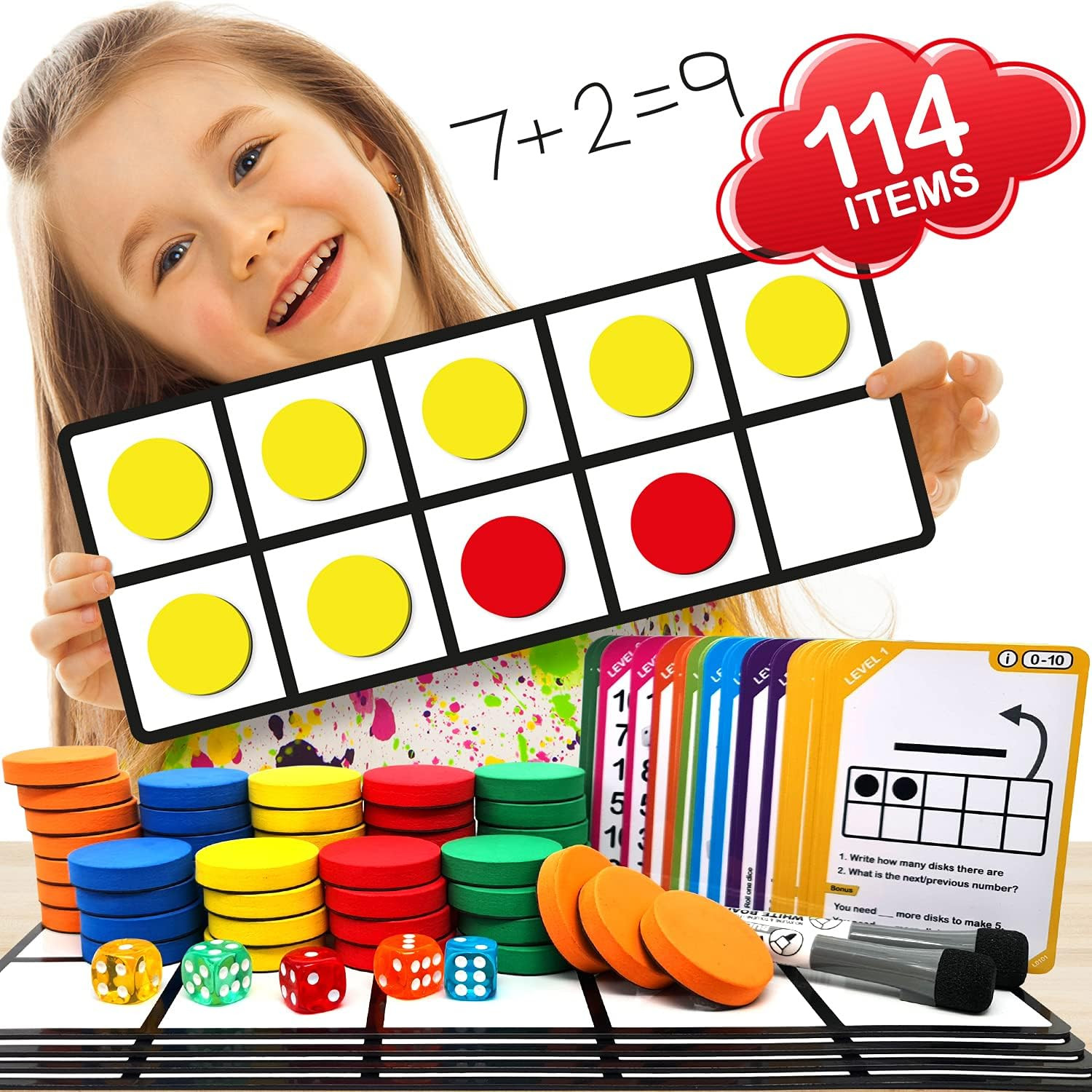 Magnetic Ten Frame Set: 4 Durable Ten-Frames + 50 Colorful Counters + 50 Math Fl