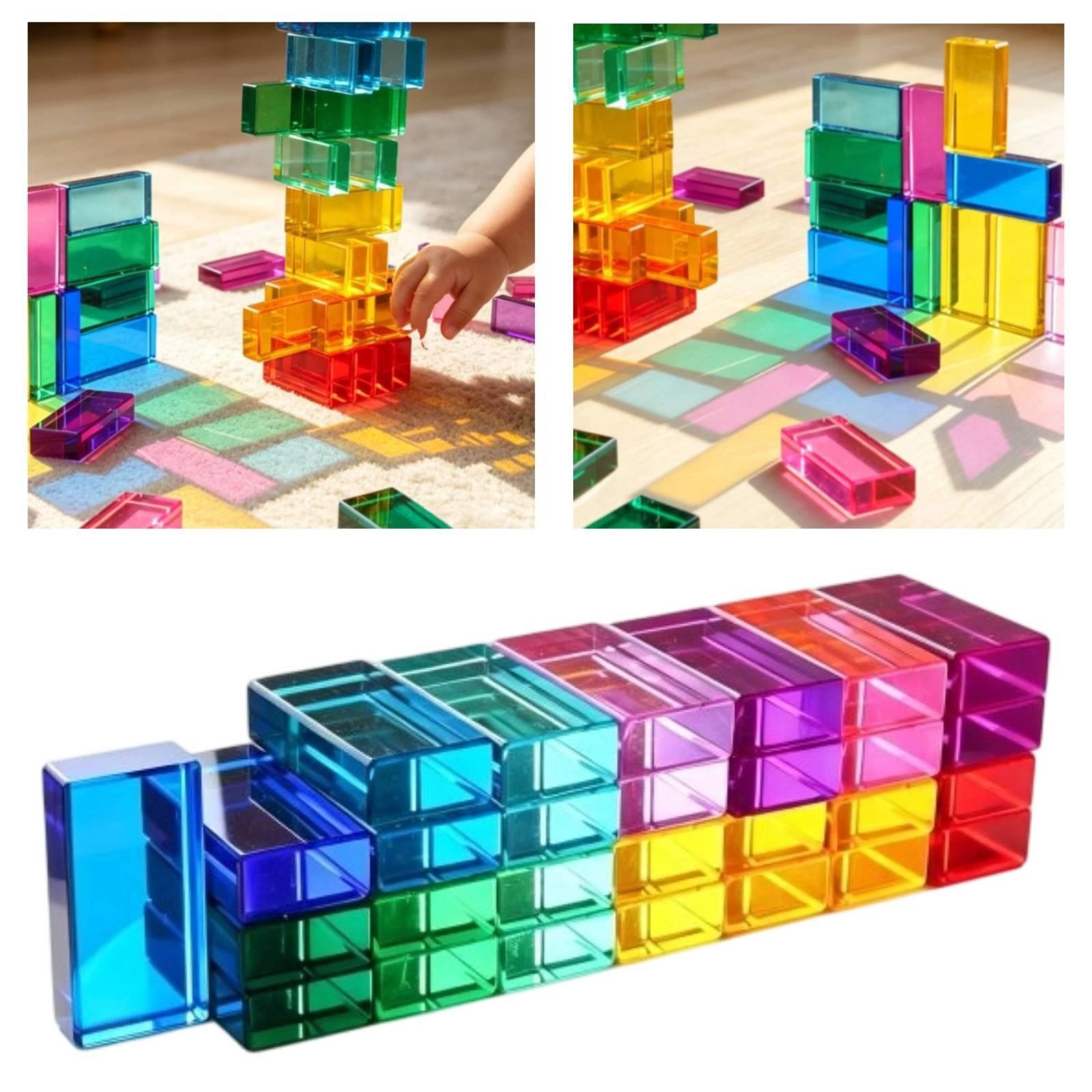 30 Pieces Rainbow Blocks Translucent Rectangle Stacking Toy for Preschool