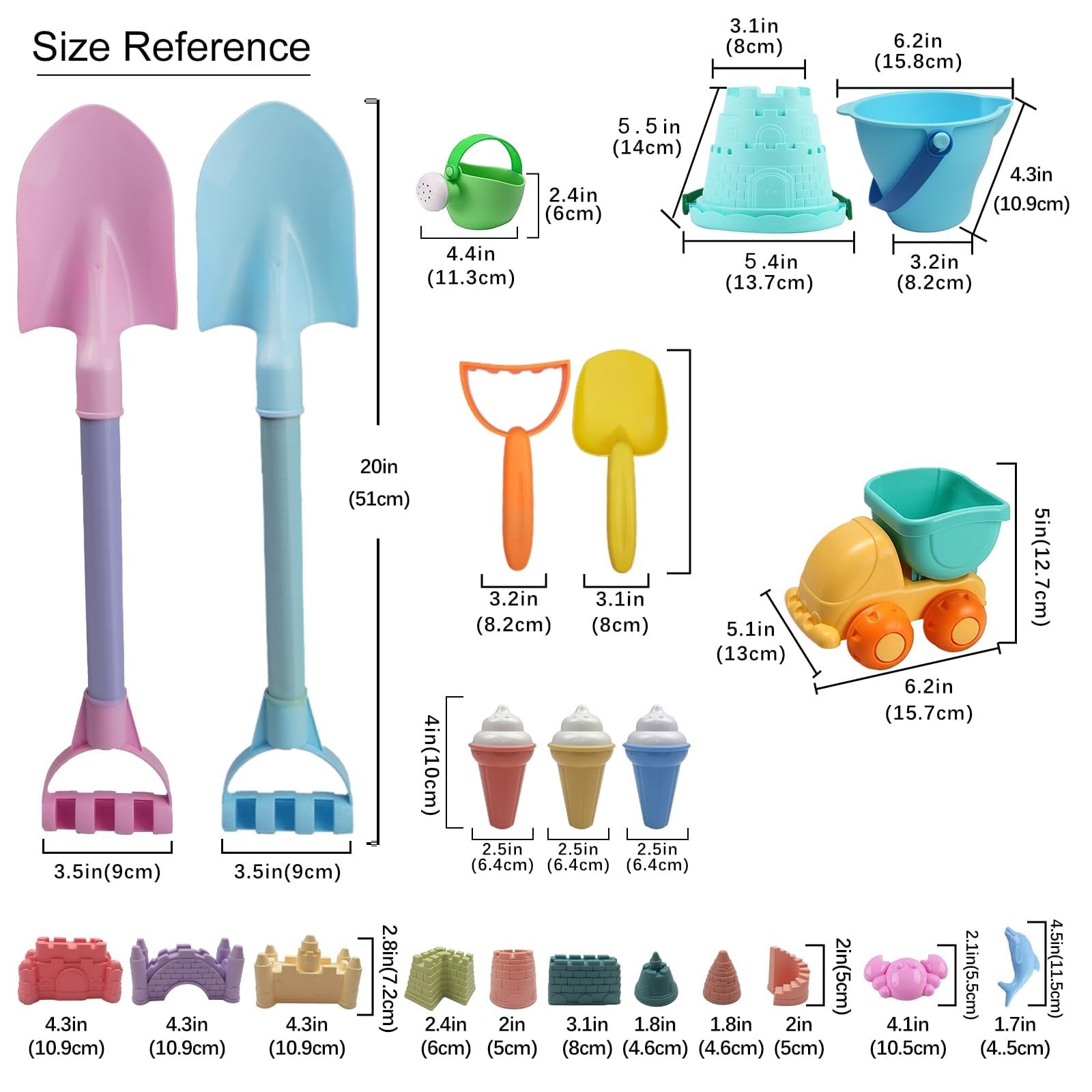 IOKUKI Long Shovels Sand Toys Set with Mesh Bag Including Small, Multicolor