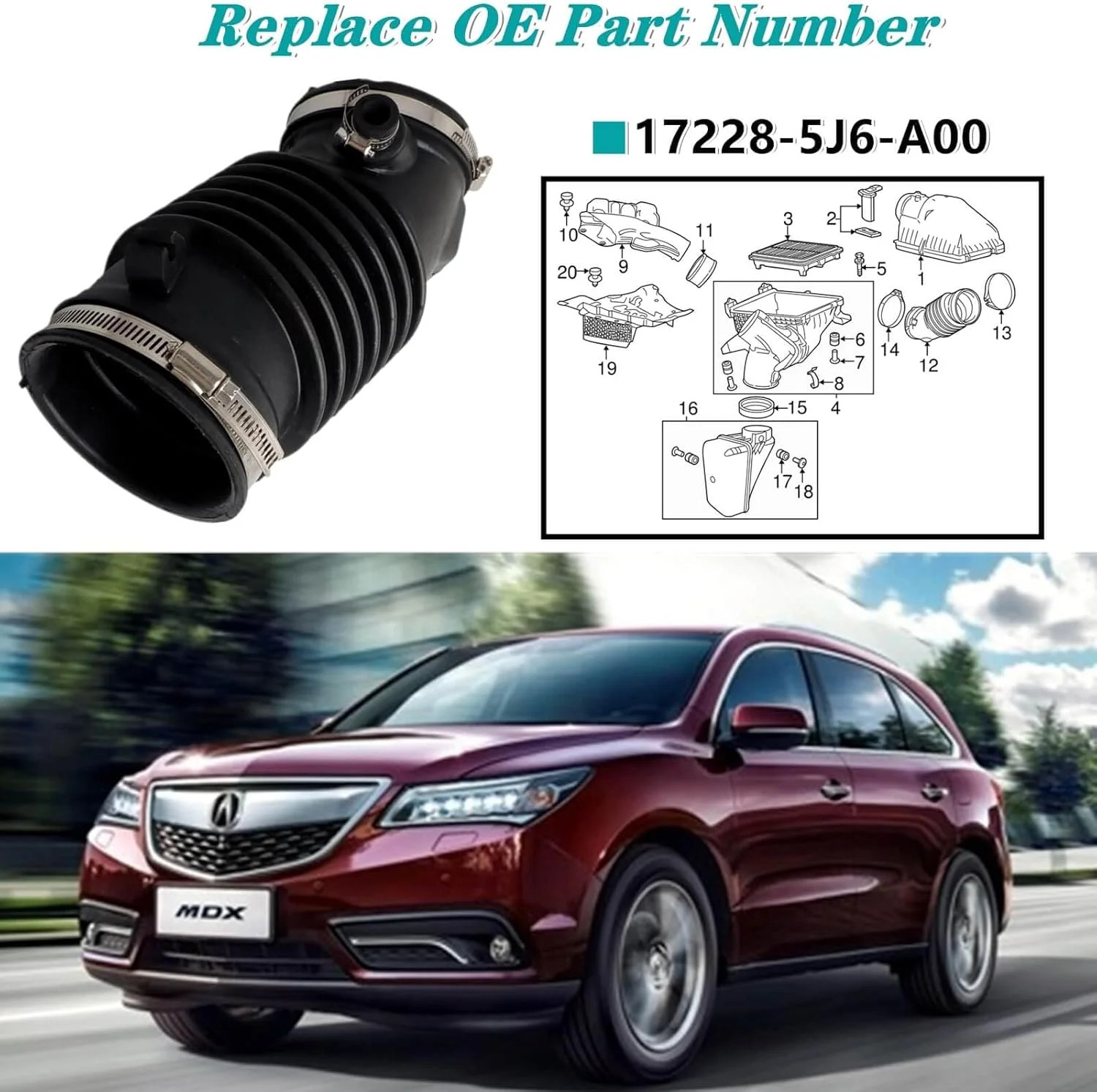 17228-5J6-A00 Air Intake Hose Replacement For 2014-2015 Acura MDX Air Flow Tube