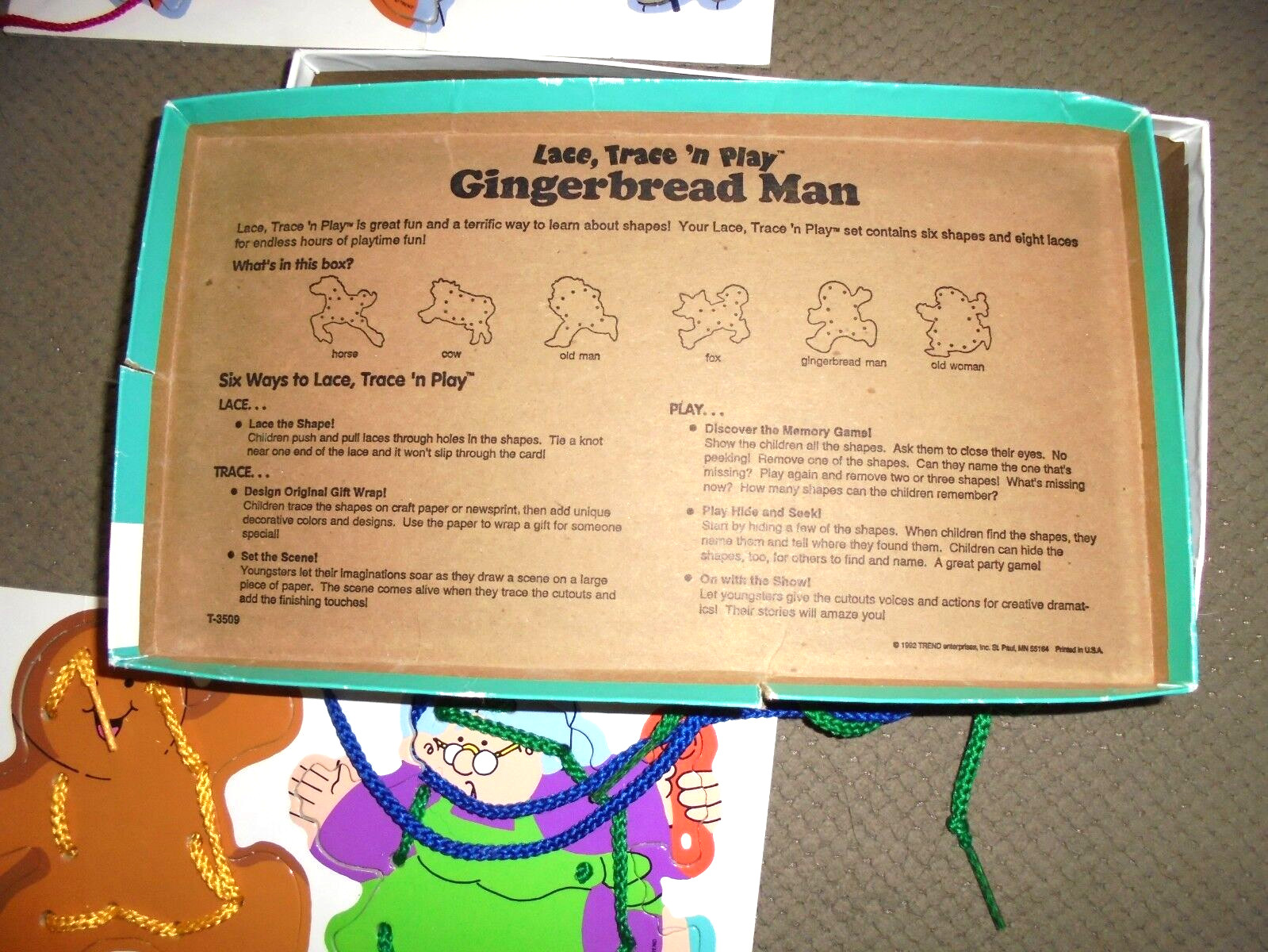 Vintage 1992 TREND Gingerbread Man Preschool Lacing Cards Hand Eye Coordination