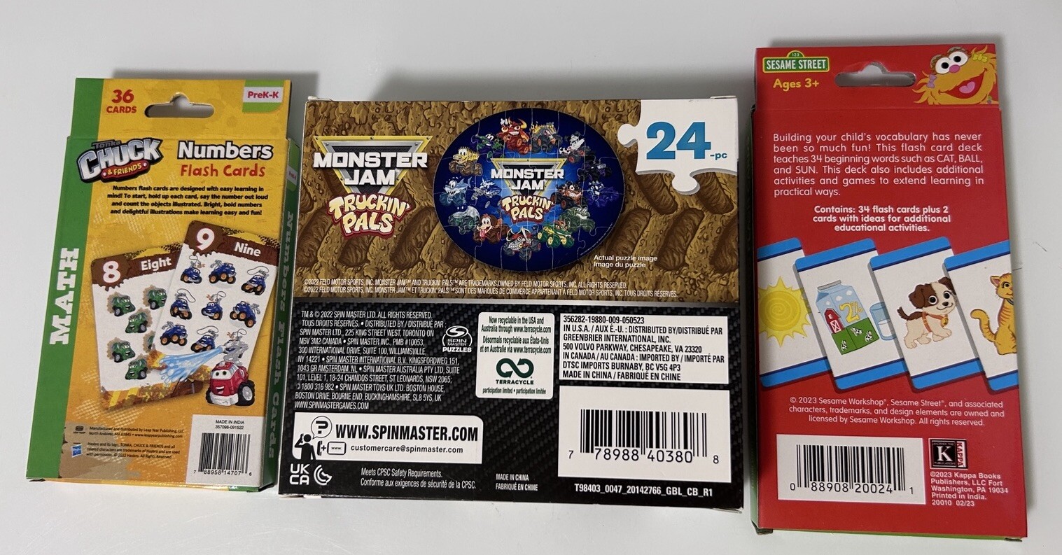 Monster Jam Puzzle, Tonka Chuck Numbers and Seame St Beginning Words Flash Cards
