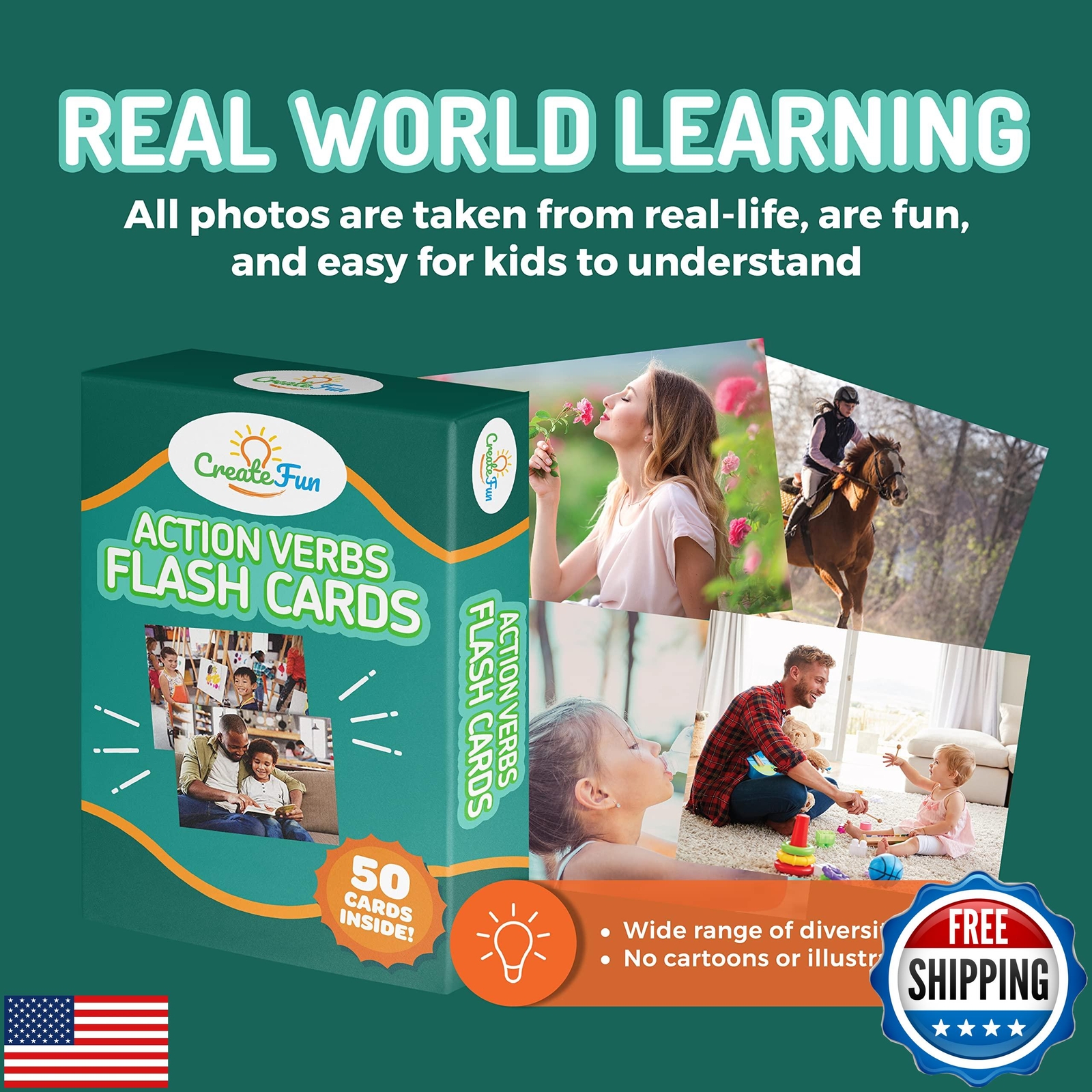 50 Action Verbs Flash Cards – Vocabulary Builder for Speech Therapy, ESL and