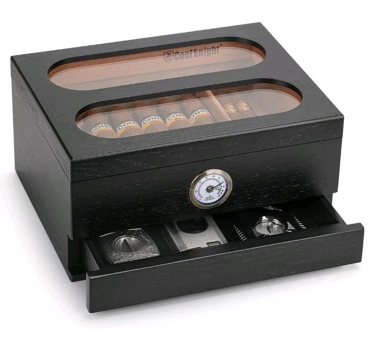 COOL KNIGHT Cigar Humidor with Front Hygrometer, Humidifier and Accessory