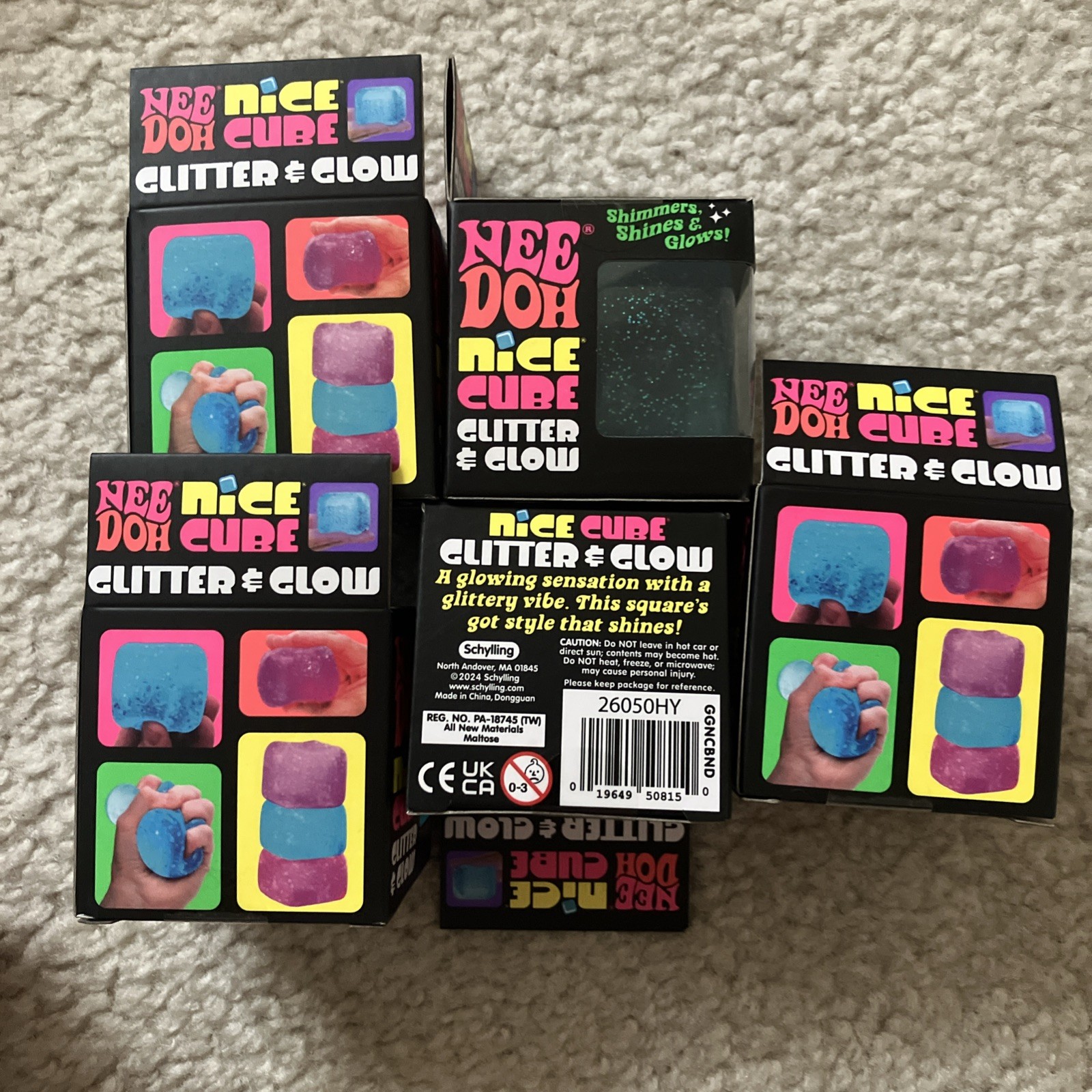 Lot of 5: NeeDoh Nice Cube Glitter & Glow (Blue) squishy Squish Toy Schylling