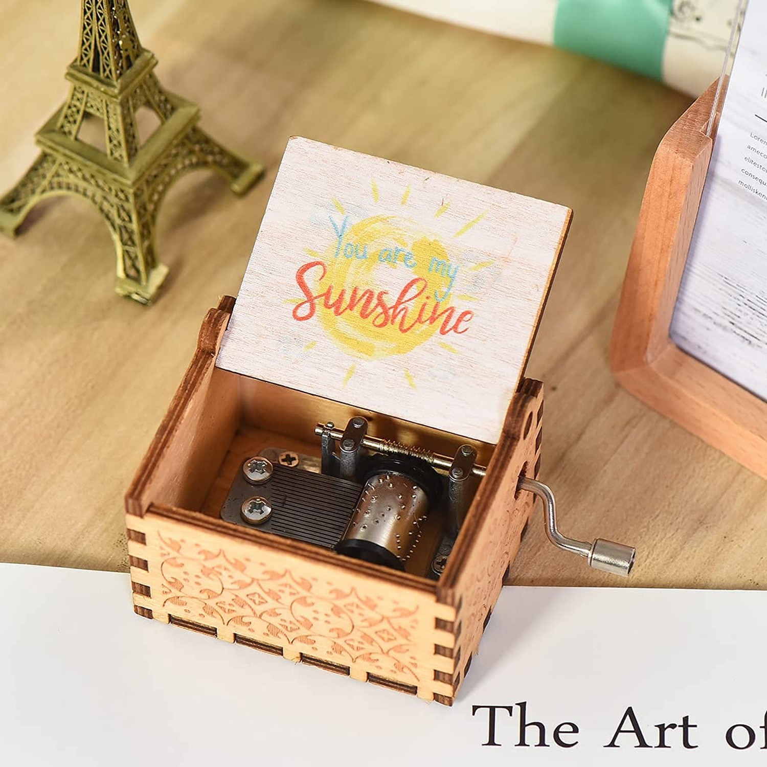 Wood Music Box, Wooden Hand Crank Musical Instrument with Melody Happy Birthd…