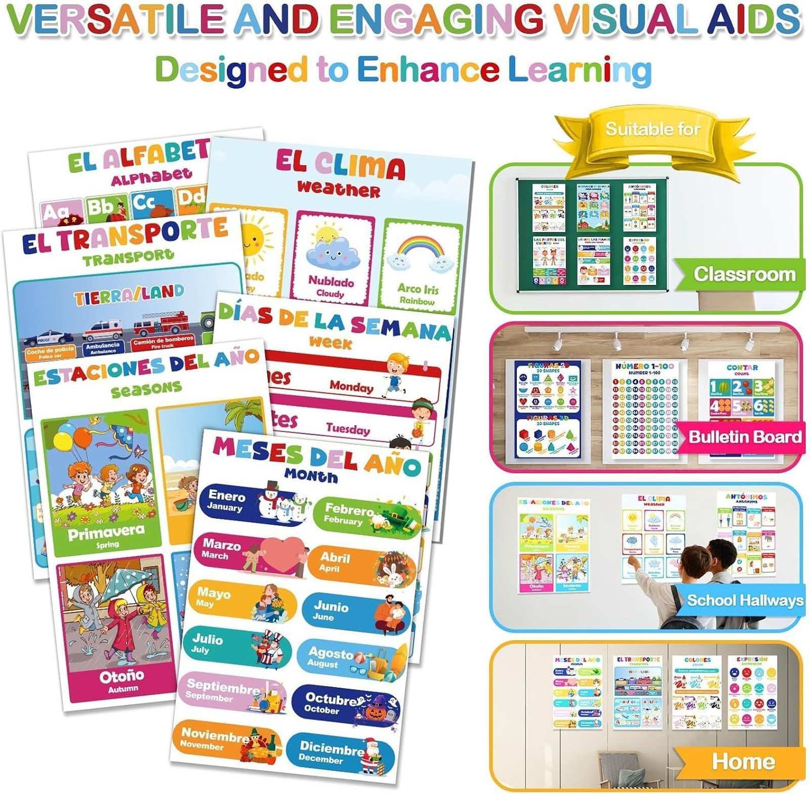 Bilingual Learning Posters Set 16 Charts for Classroom Decoration Educational